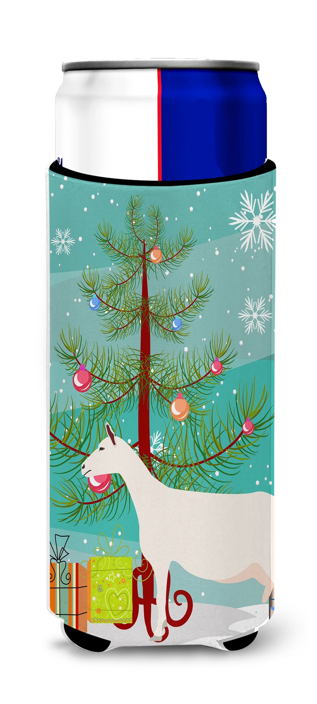Saanen Goat Christmas Slim Can Hugger , Insulated Foam Hugger for 12 oz Slim Cans, Beer Bottles & Water Bottles, Printed in USA