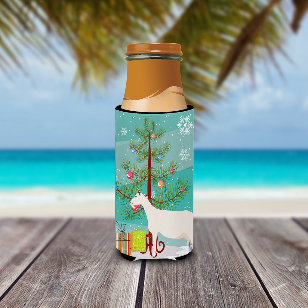 Saanen Goat Christmas Slim Can Hugger , Insulated Foam Hugger for 12 oz Slim Cans, Beer Bottles & Water Bottles, Printed in USA