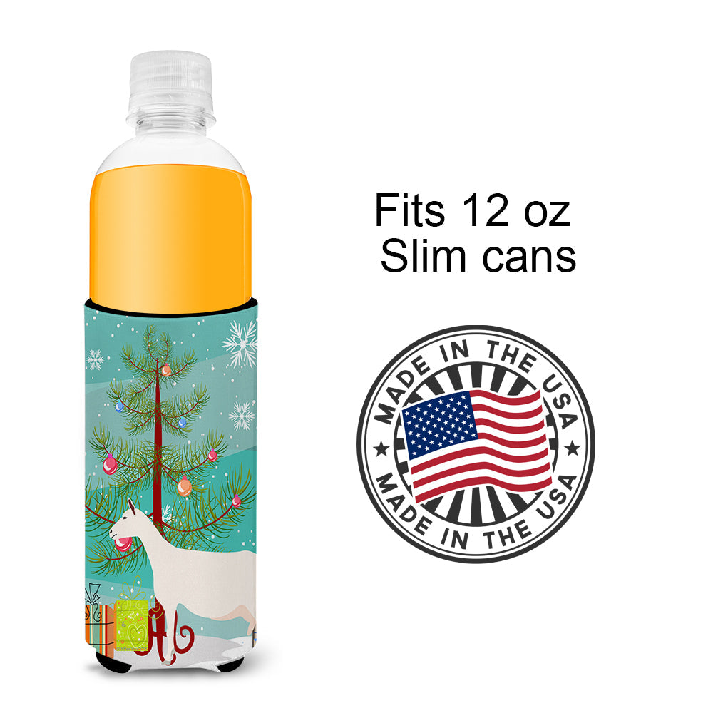 Saanen Goat Christmas Slim Can Hugger , Insulated Foam Hugger for 12 oz Slim Cans, Beer Bottles & Water Bottles, Printed in USA