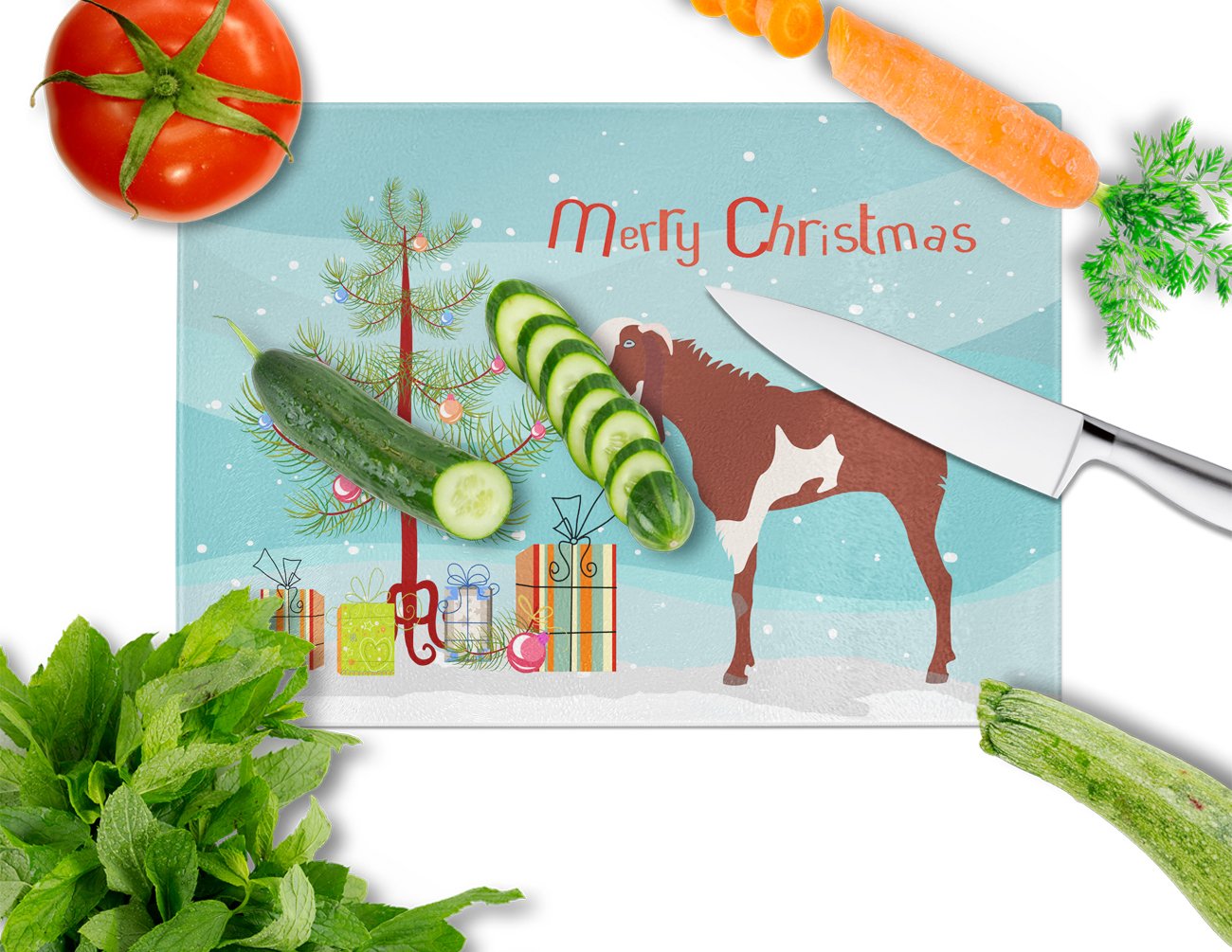 Jamnapari Goat Christmas Cutting Board Tempered Glass Kitchen Cutting Surface, Heat Resistant Chopping, Non-Slip Feet, Food Prep & Serving