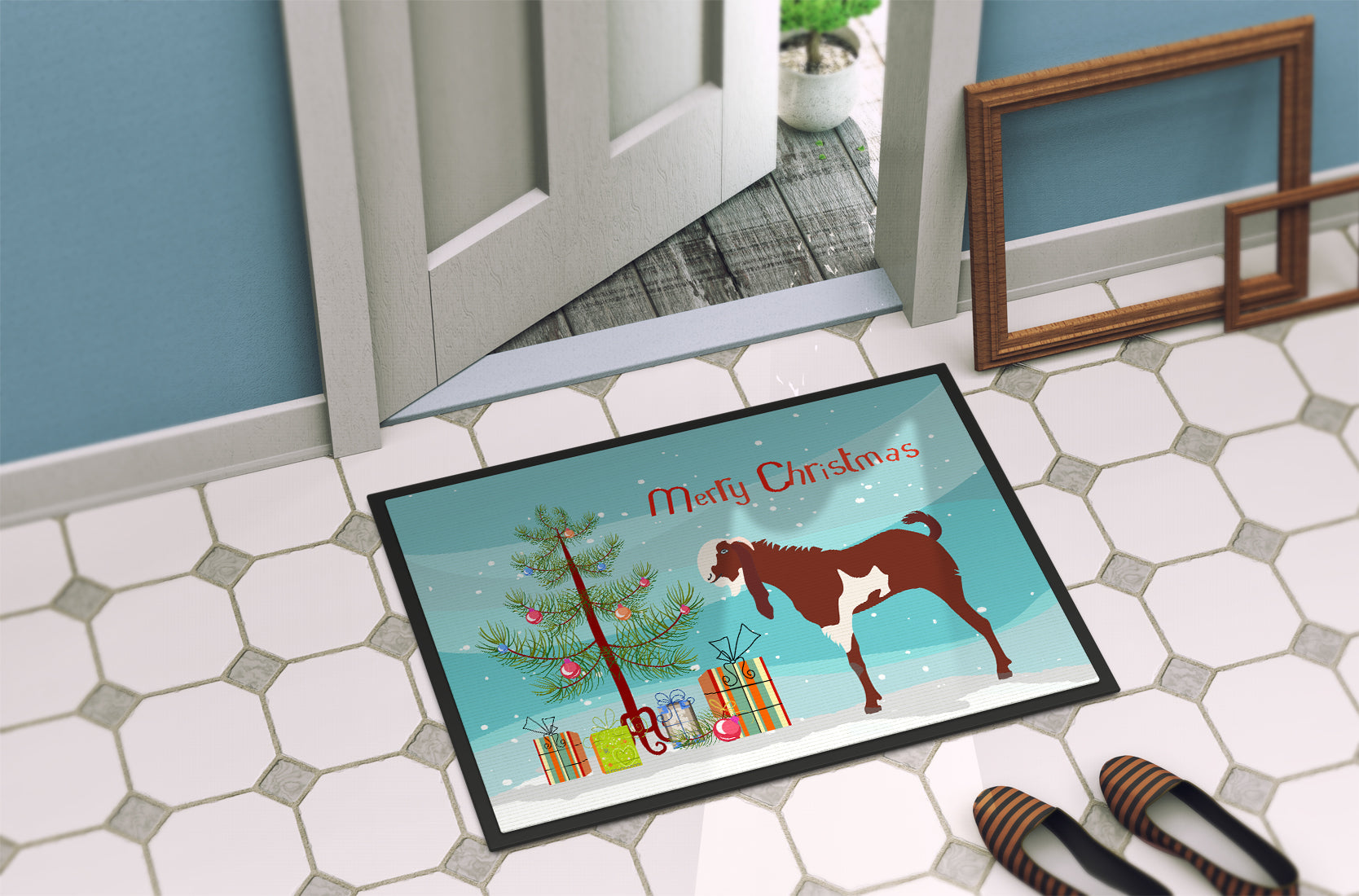 Jamnapari Goat Christmas Doormat Indoor Outdoor 18H X 27W Front Door Mat Rugs for Entryway, Non Slip Washable