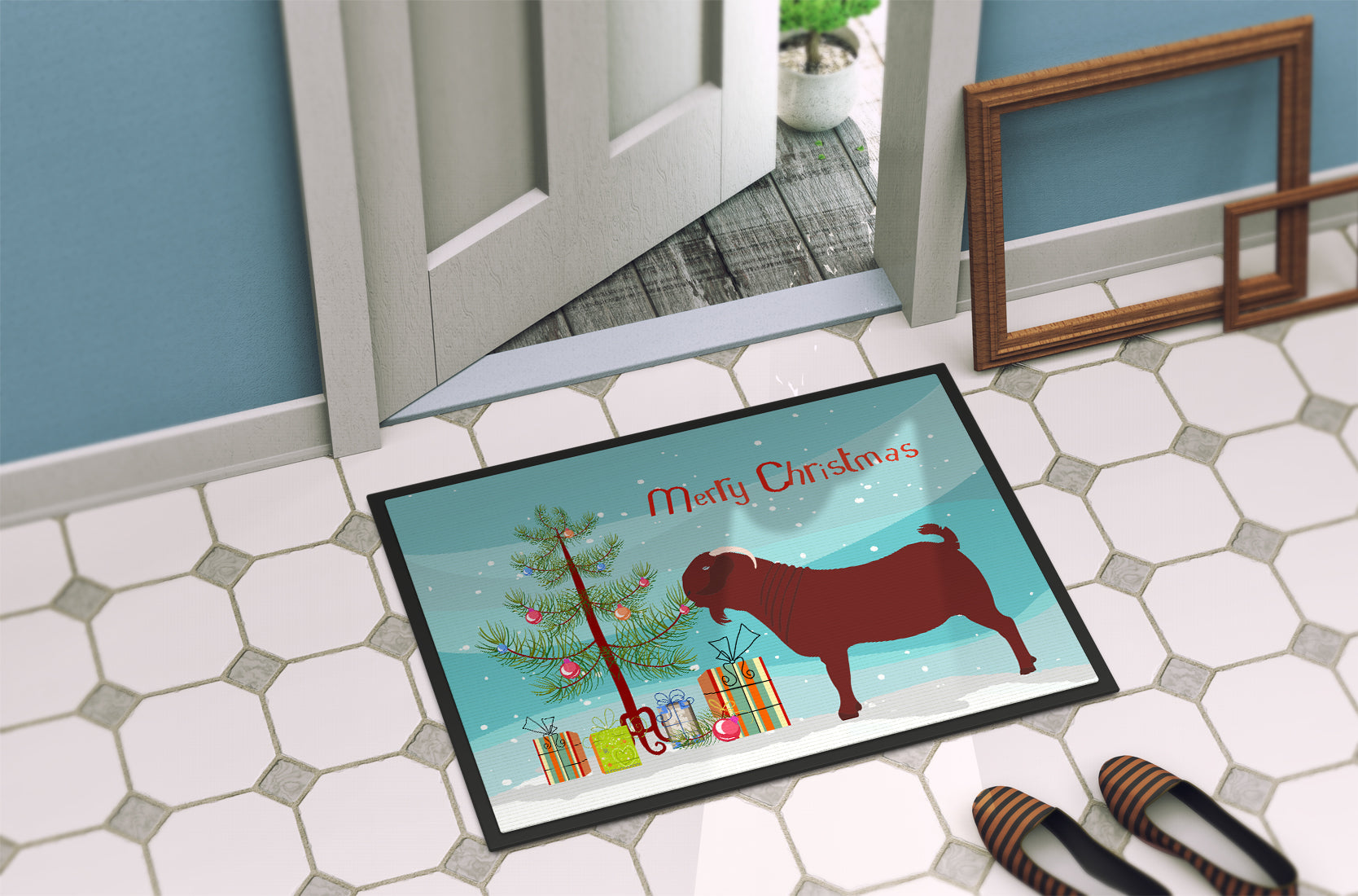 Kalahari Red Goat Christmas Doormat Indoor Outdoor 24H X 36W Front Door Mat Rugs for Entryway, Non Slip Washable Low Pile,