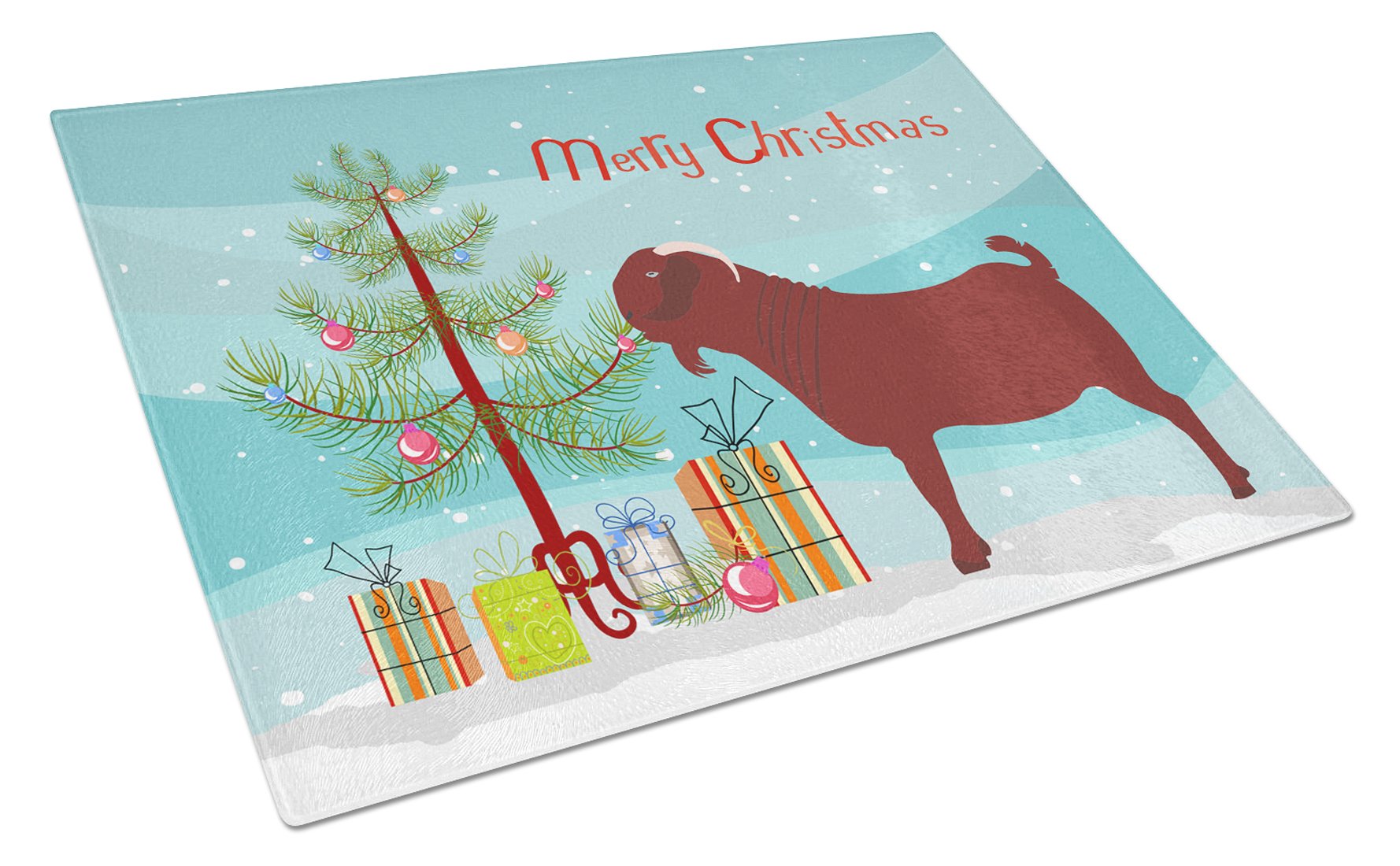 Kalahari Red Goat Christmas Cutting Board Tempered Glass Kitchen Cutting Surface, Heat Resistant Chopping, Non-Slip Feet, Food Prep & Serving