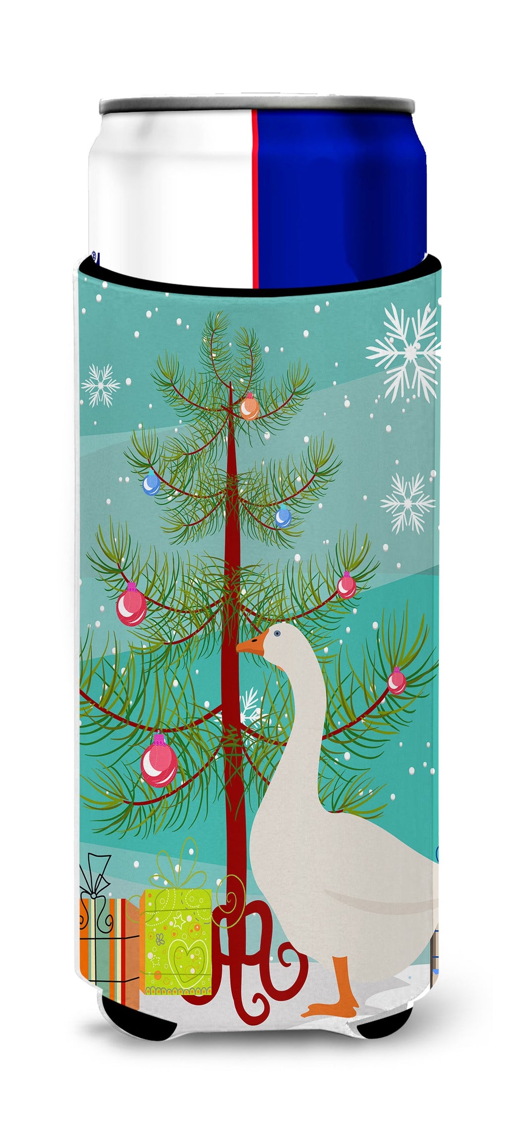 Embden Goose Christmas Slim Can Hugger , Insulated Foam Hugger for 12 oz Slim Cans, Beer Bottles & Water Bottles, Printed in USA