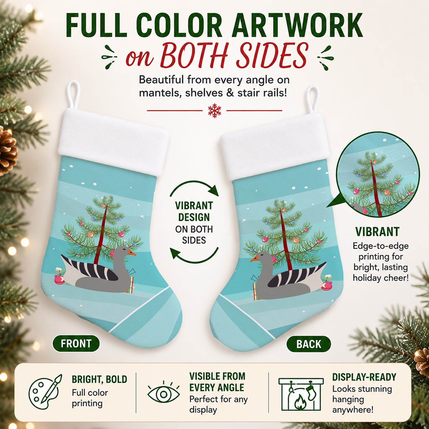 Pilgrim Goose Christmas Holiday Stocking Double-Sided Print, Polyester Suede,11x18, Made in USA