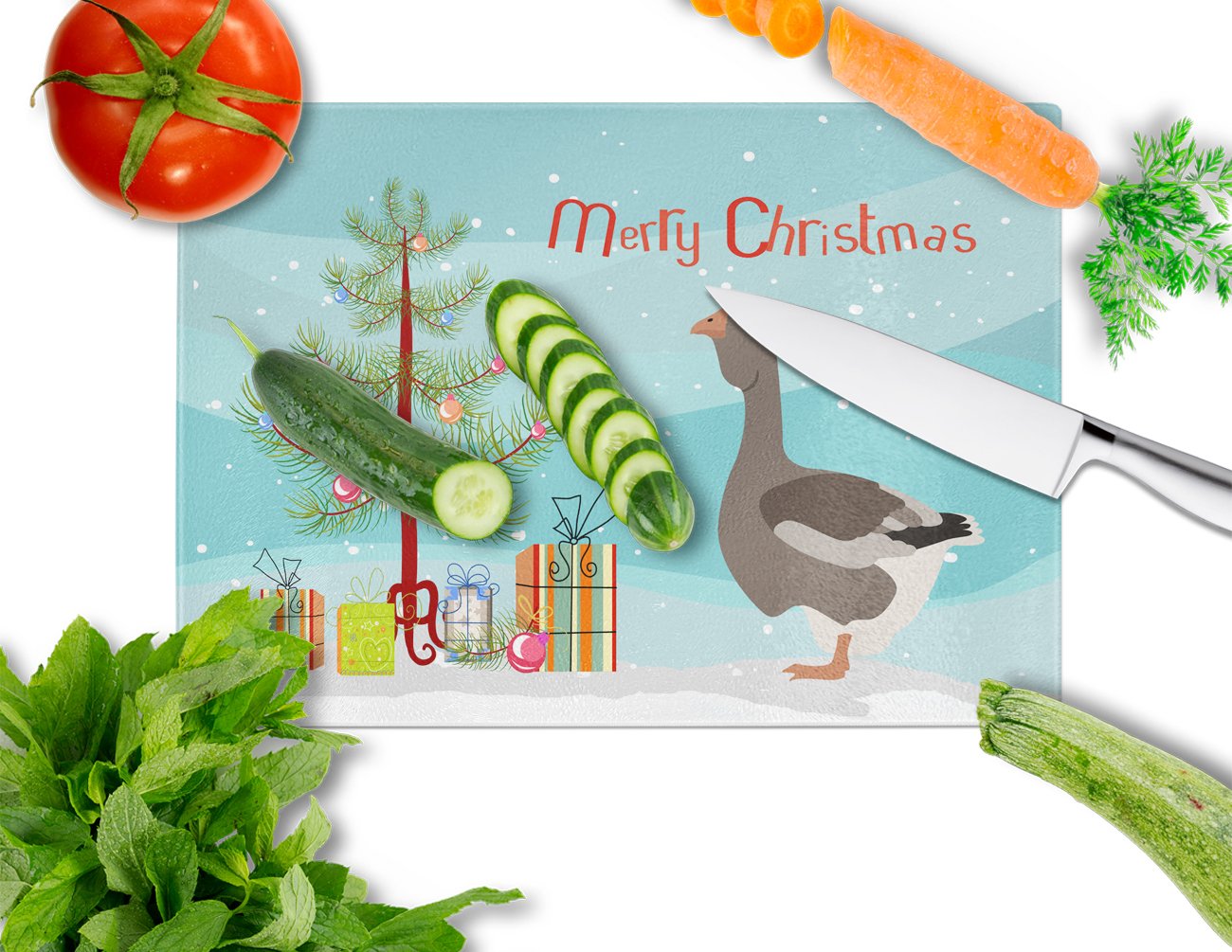 Toulouse Goose Christmas Cutting Board Tempered Glass Kitchen Cutting Surface, Heat Resistant Chopping, Non-Slip Feet, Food Prep & Serving