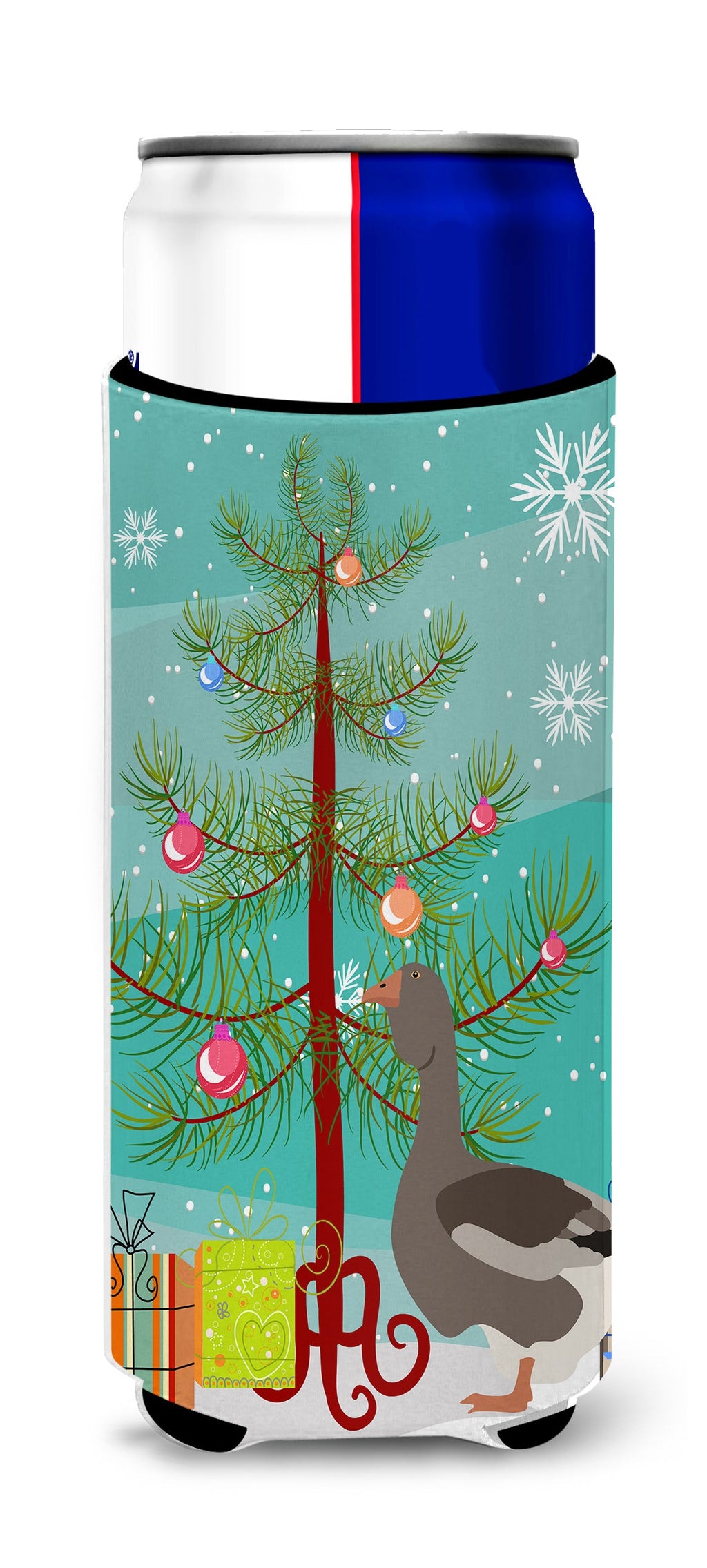 Toulouse Goose Christmas Slim Can Hugger , Insulated Foam Hugger for 12 oz Slim Cans, Beer Bottles & Water Bottles, Printed in USA