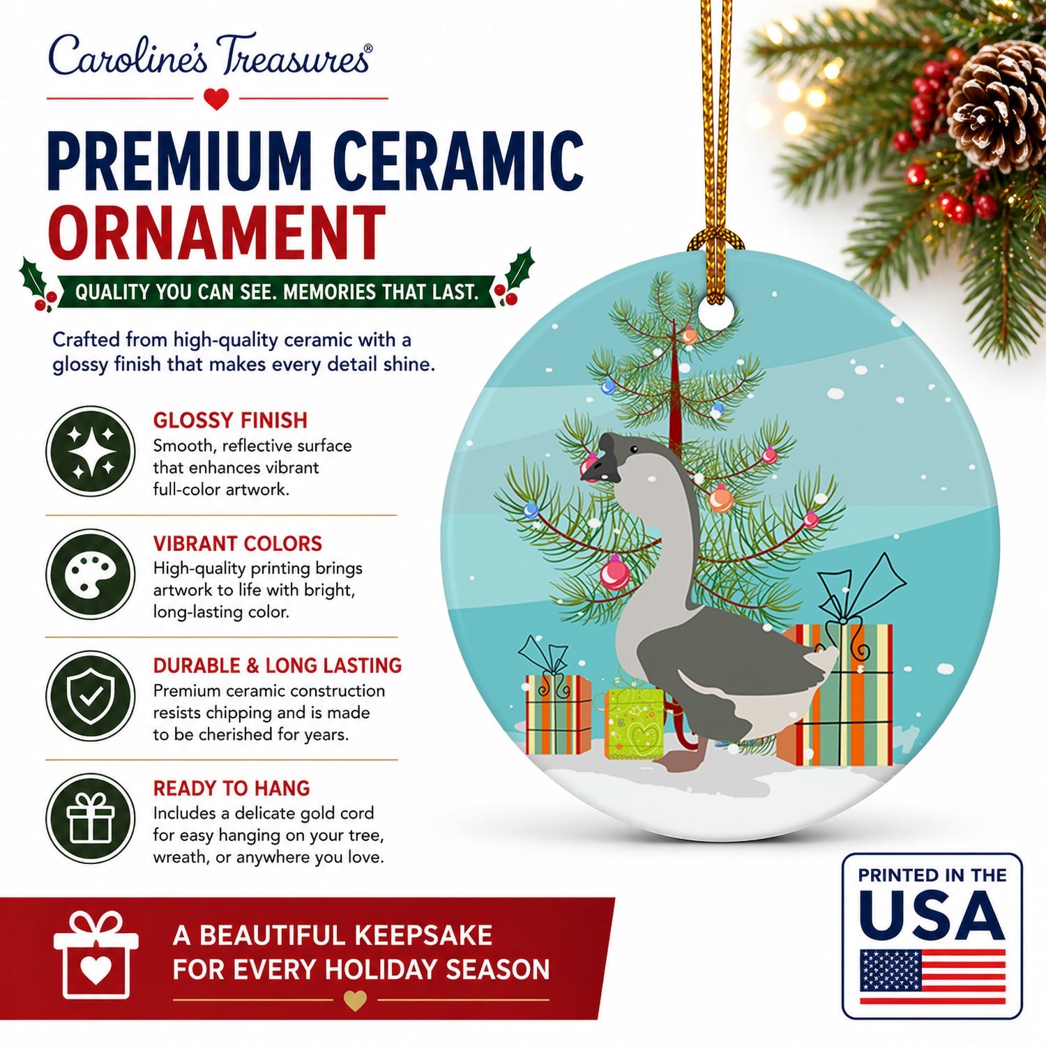 African Goose Christmas Ceramic Ornament Christmas Tree Hanging Decorations for Home Christmas Holiday, Party, Gift, 3 in, Multicolor