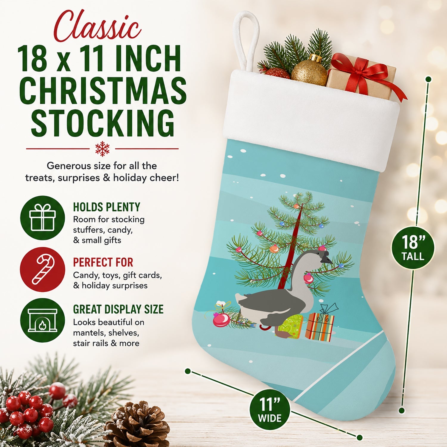 African Goose Christmas Holiday Stocking Double-Sided Print, Polyester Suede,11x18, Made in USA