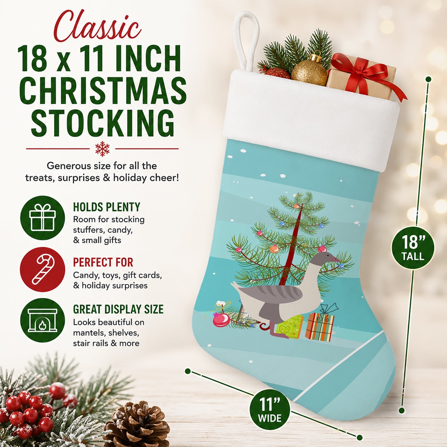 Buff Grey Back Goose Christmas Holiday Stocking Double-Sided Print, Polyester Suede,11x18, Made in USA