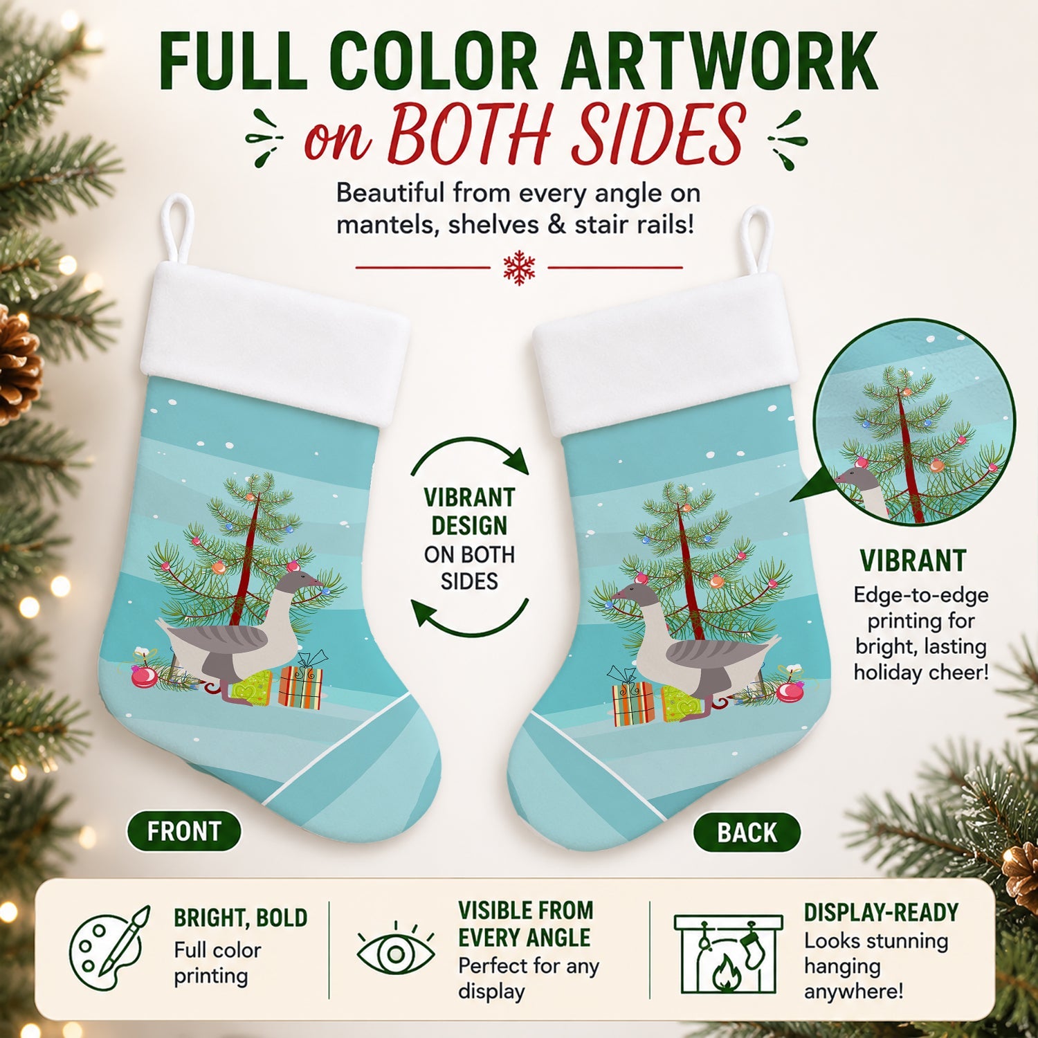 Buff Grey Back Goose Christmas Holiday Stocking Double-Sided Print, Polyester Suede,11x18, Made in USA