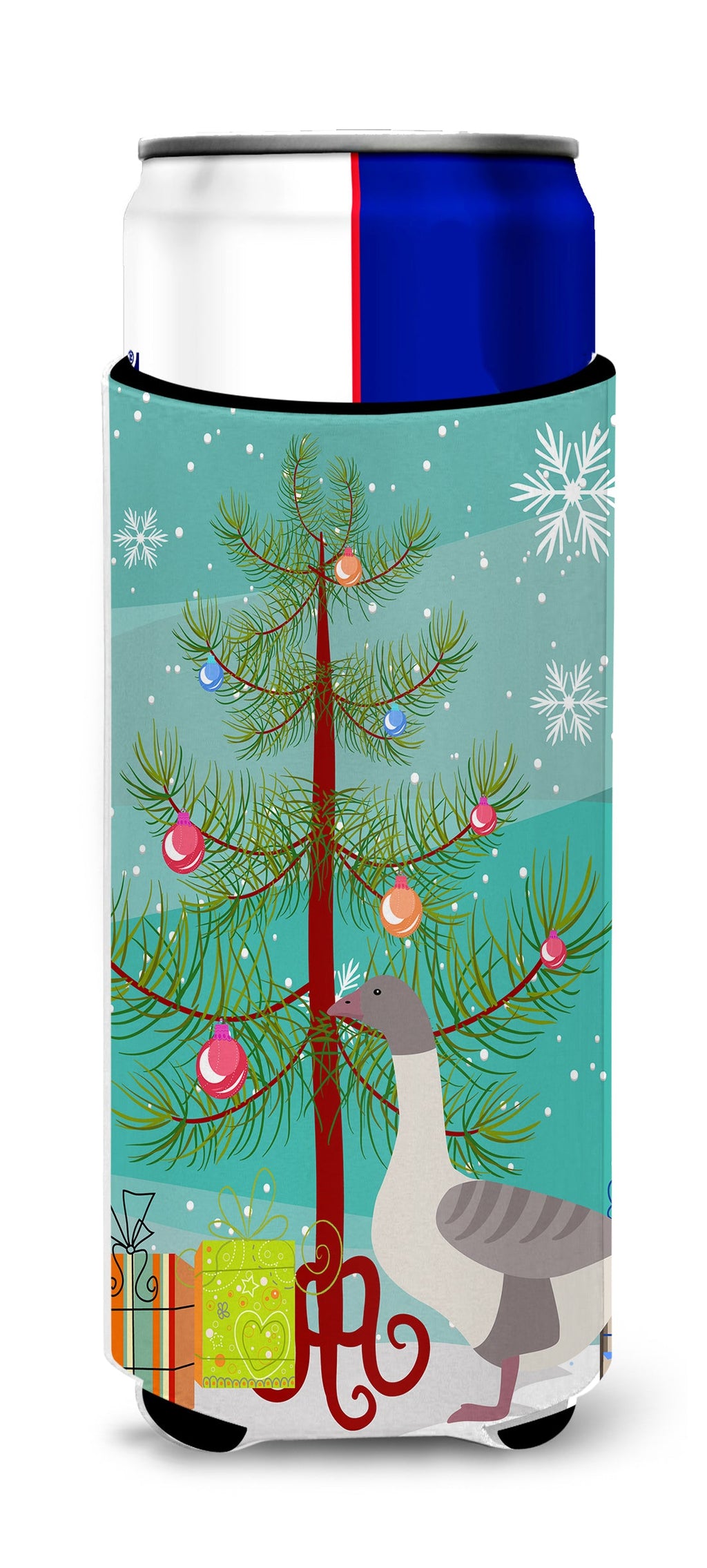 Buff Grey Back Goose Christmas Slim Can Hugger , Insulated Foam Hugger for 12 oz Slim Cans, Beer Bottles & Water Bottles, Printed in USA