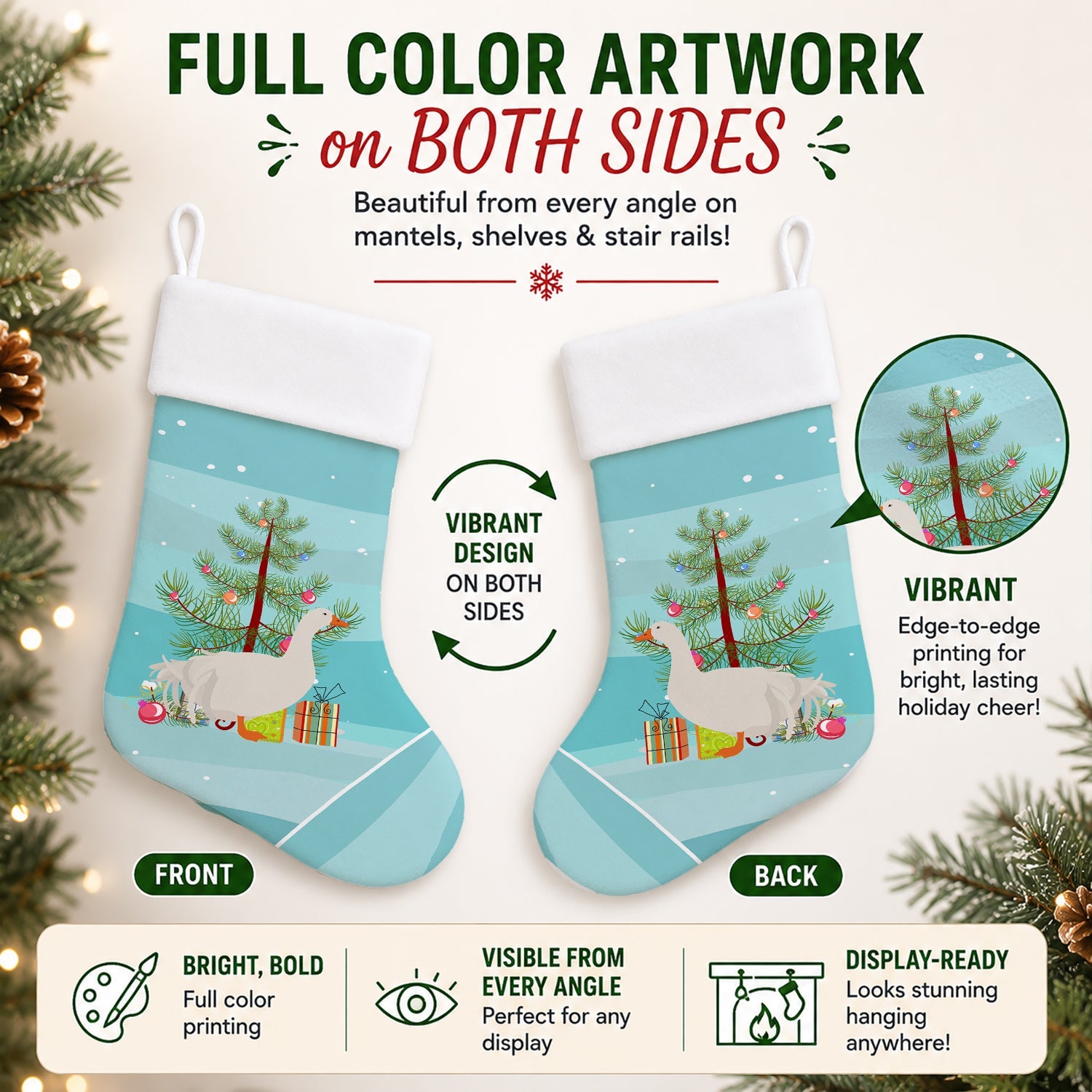 Sebastopol Goose Christmas Holiday Stocking Double-Sided Print, Polyester Suede,11x18, Made in USA