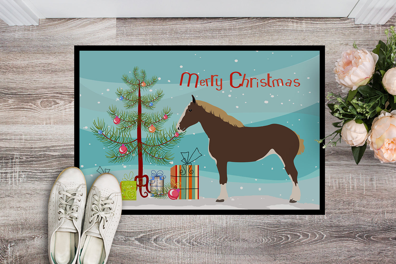 Percheron Horse Christmas Doormat Indoor Outdoor 18H X 27W Front Door Mat Rugs for Entryway, Non Slip Washable