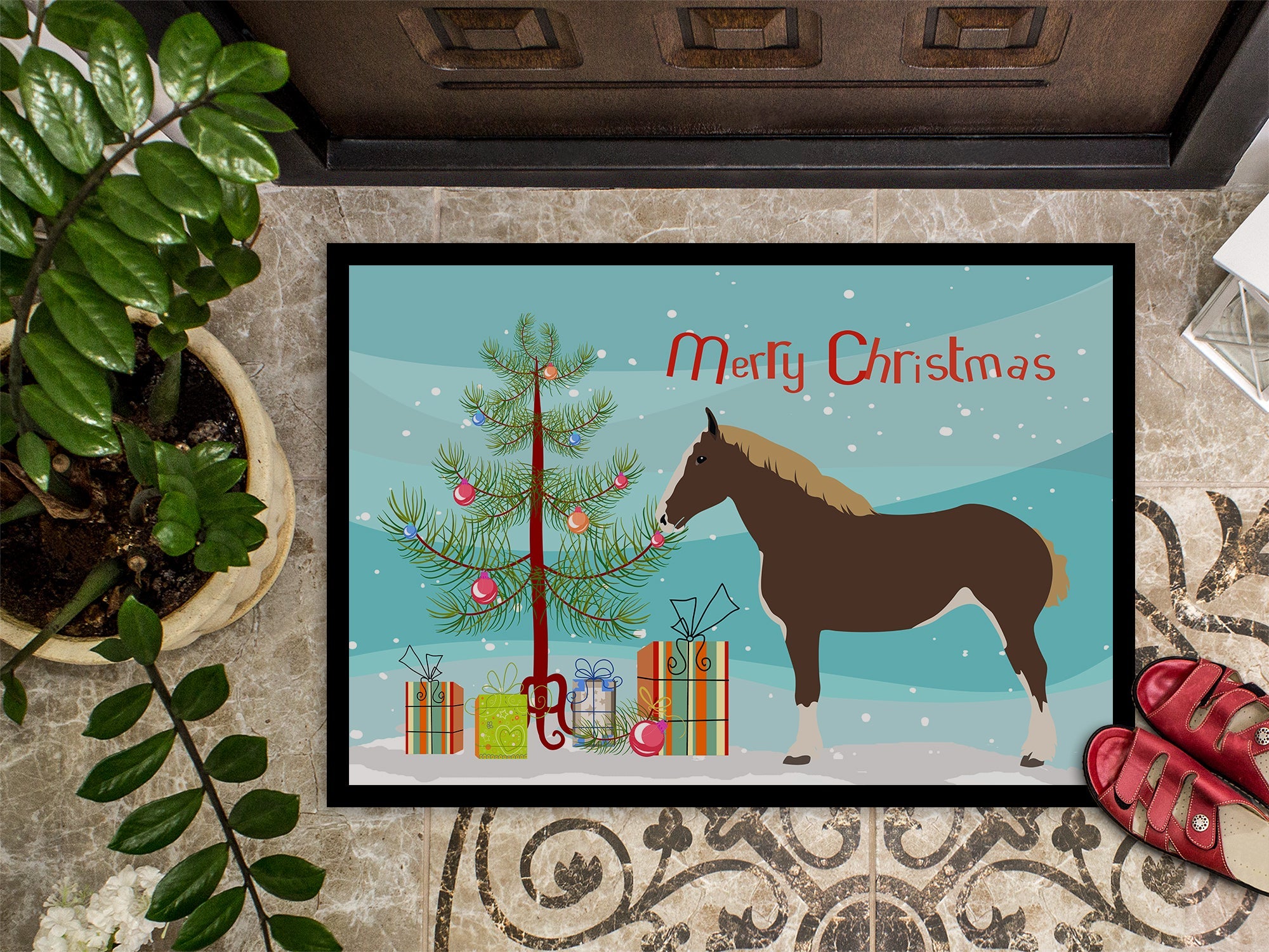 Percheron Horse Christmas Doormat Indoor Outdoor 18H X 27W Front Door Mat Rugs for Entryway, Non Slip Washable
