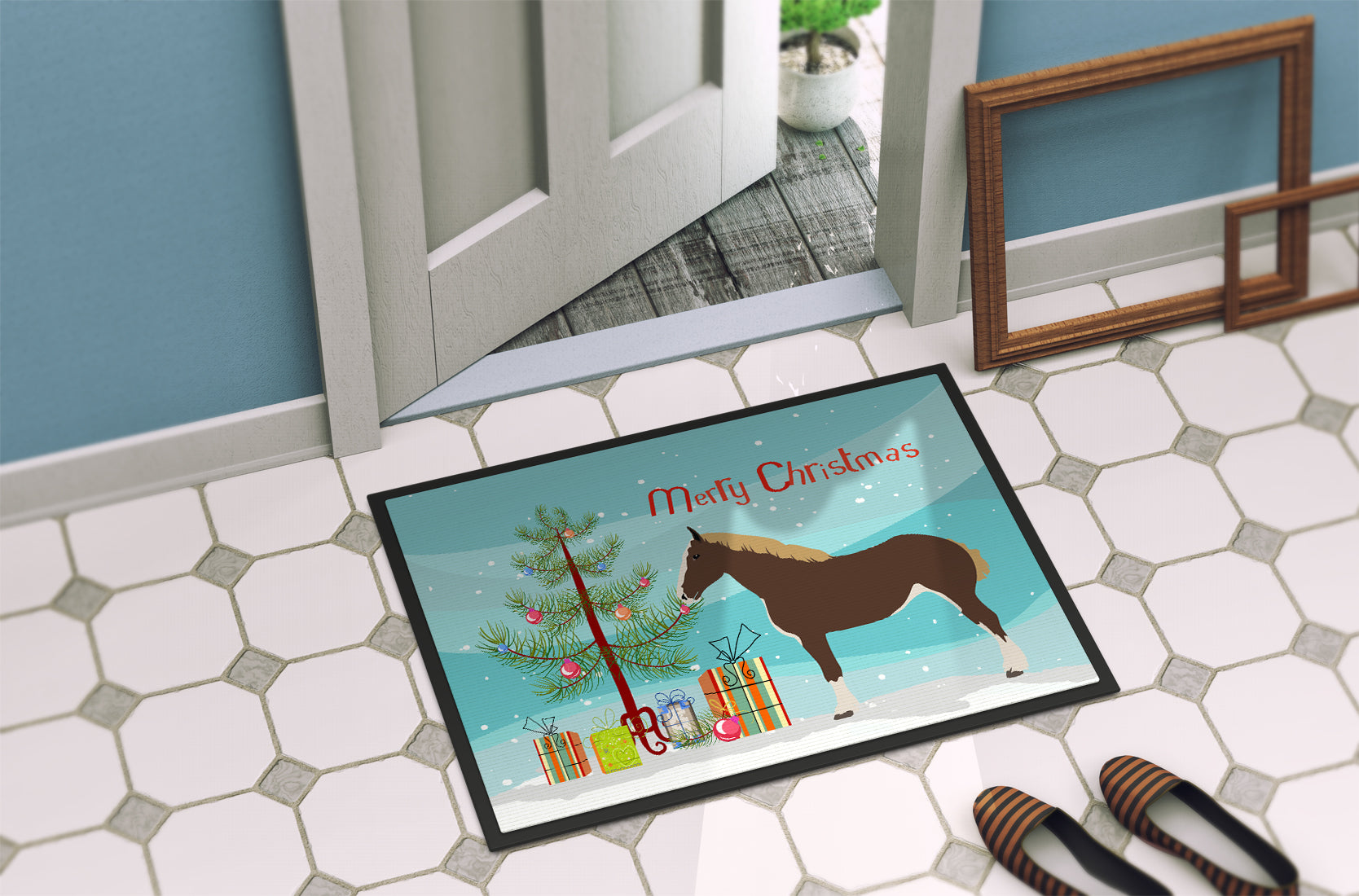 Percheron Horse Christmas Doormat Indoor Outdoor 18H X 27W Front Door Mat Rugs for Entryway, Non Slip Washable