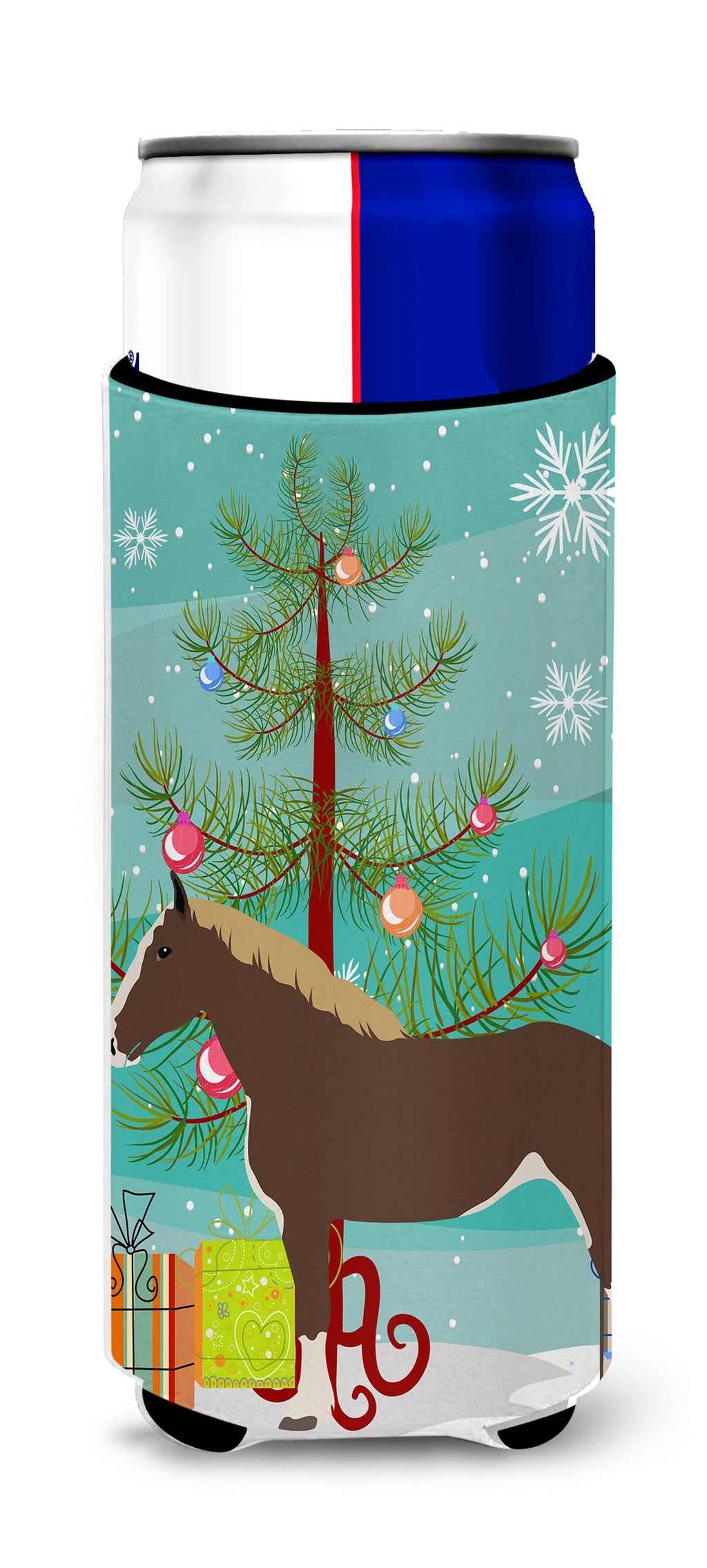 Percheron Horse Christmas Slim Can Hugger , Insulated Foam Hugger for 12 oz Slim Cans, Beer Bottles & Water Bottles, Printed in USA