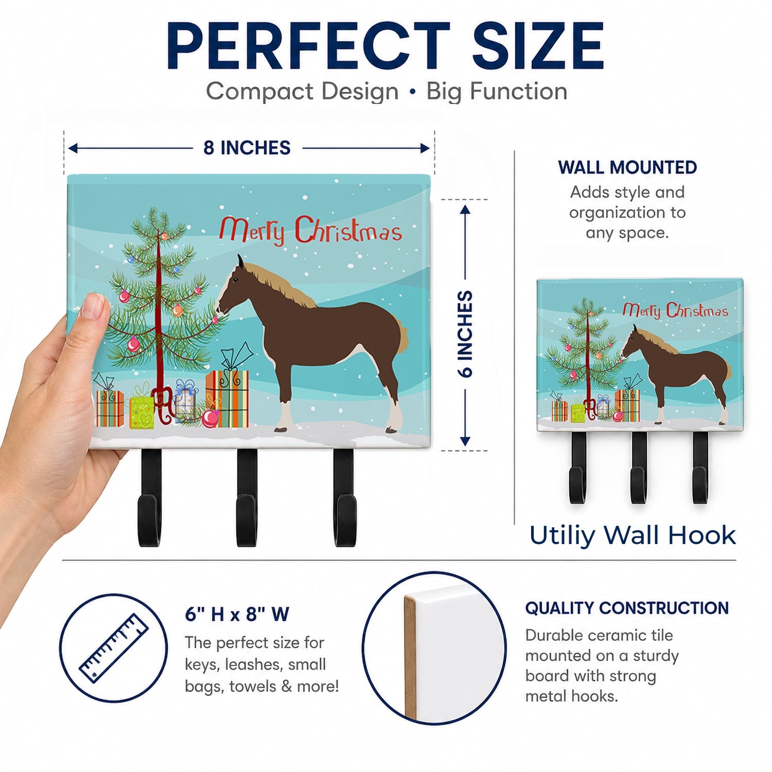 Percheron Horse Christmas Leash or Key Holder Wall Hooks, Coat Rack Wall Mount, for Hanging Keys, Towels, Aprons, Leashes