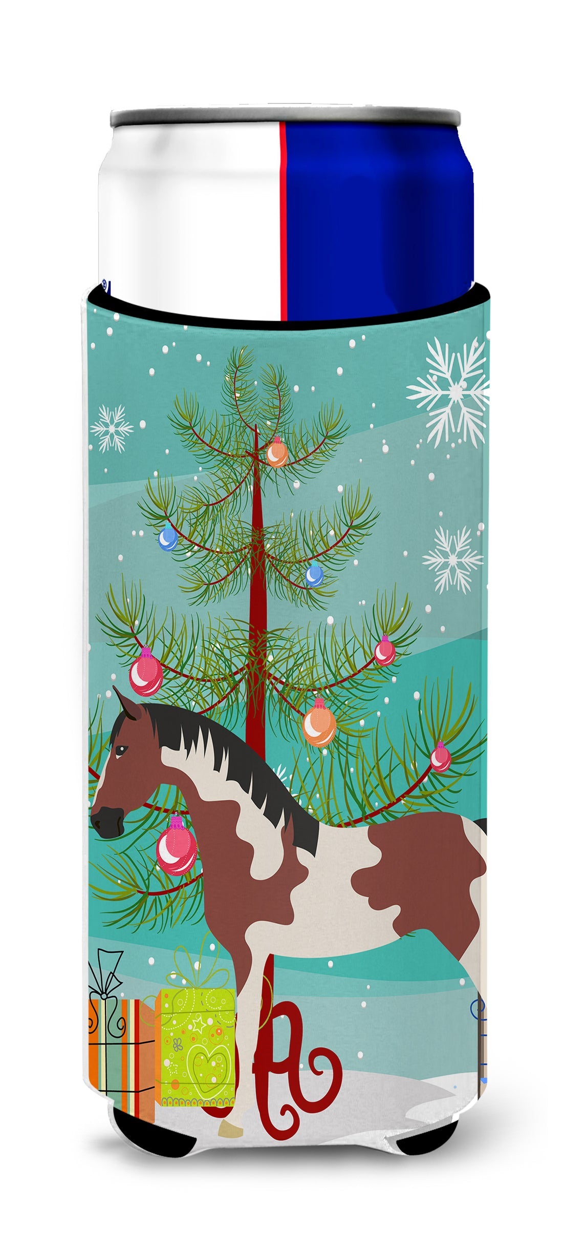 Pinto Horse Christmas Slim Can Hugger , Insulated Foam Hugger for 12 oz Slim Cans, Beer Bottles & Water Bottles, Printed in USA