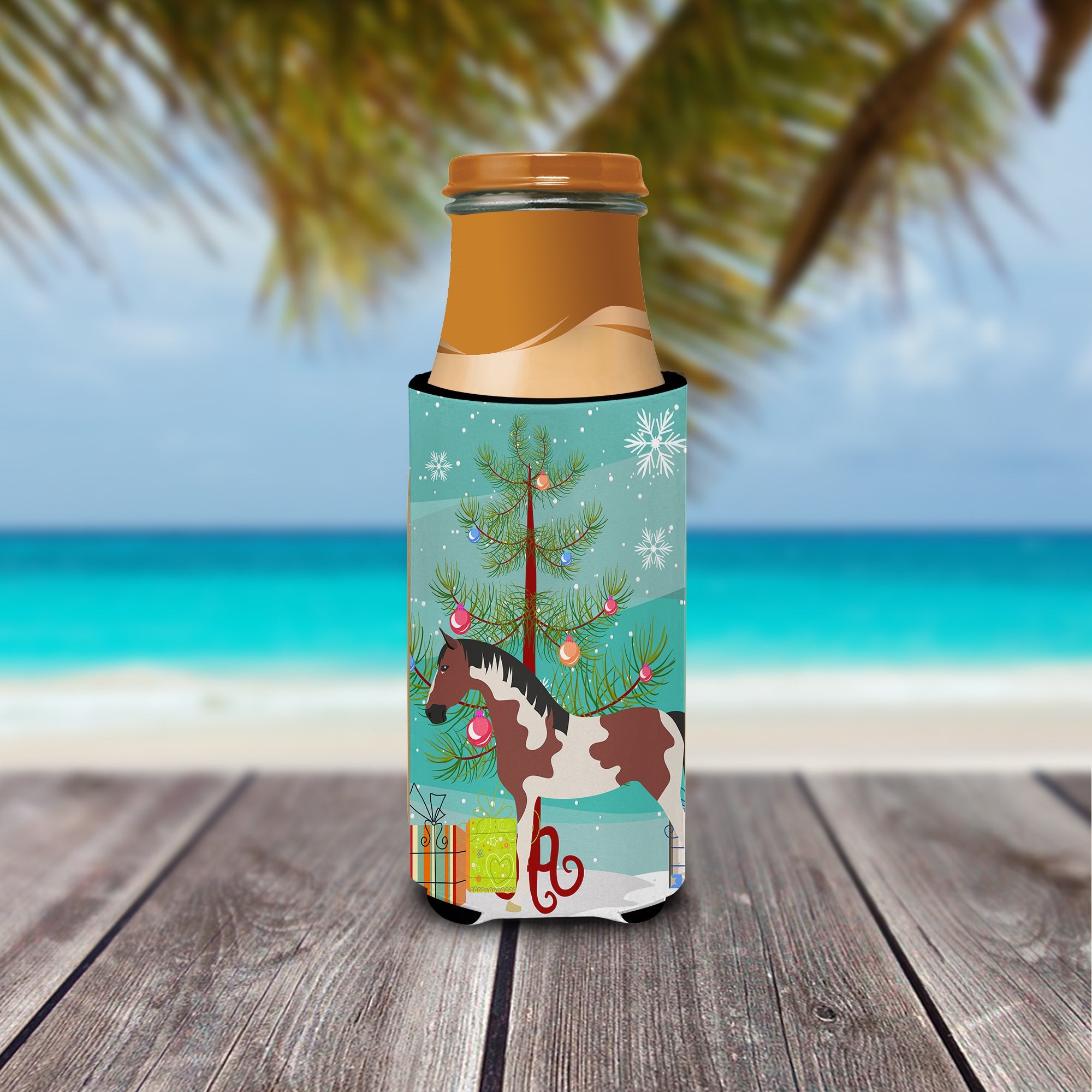 Pinto Horse Christmas Slim Can Hugger , Insulated Foam Hugger for 12 oz Slim Cans, Beer Bottles & Water Bottles, Printed in USA