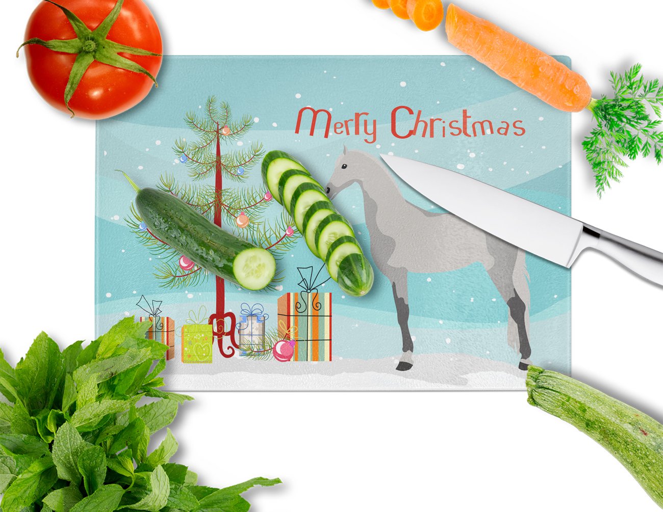 Orlov Trotter Horse Christmas Cutting Board Tempered Glass Kitchen Cutting Surface, Heat Resistant Chopping, Non-Slip Feet, Food Prep & Serving