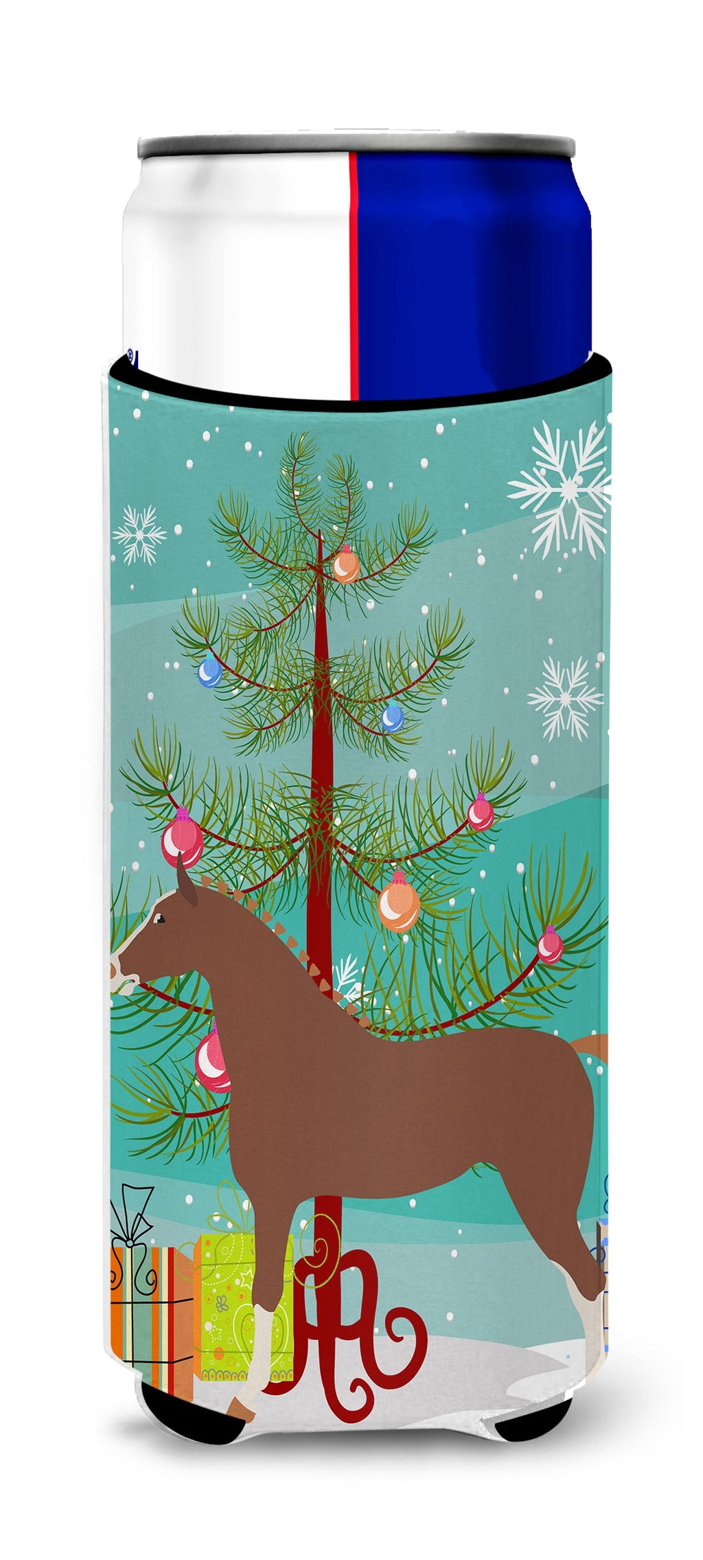 Hannoverian Horse Christmas Slim Can Hugger , Insulated Foam Hugger for 12 oz Slim Cans, Beer Bottles & Water Bottles, Printed in USA