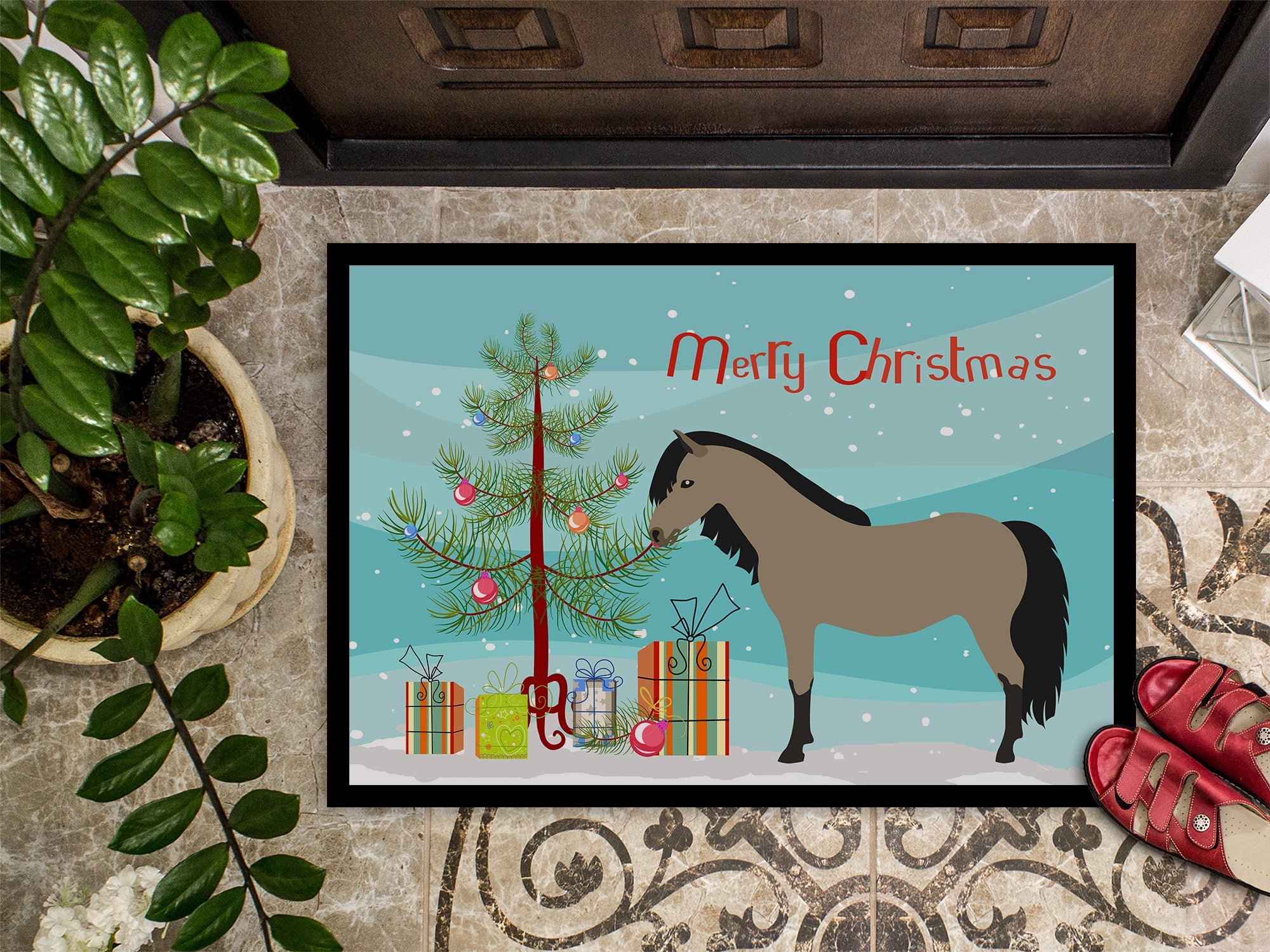 Welsh Pony Horse Christmas Doormat Indoor Outdoor 24H X 36W Front Door Mat Rugs for Entryway, Non Slip Washable Low Pile,