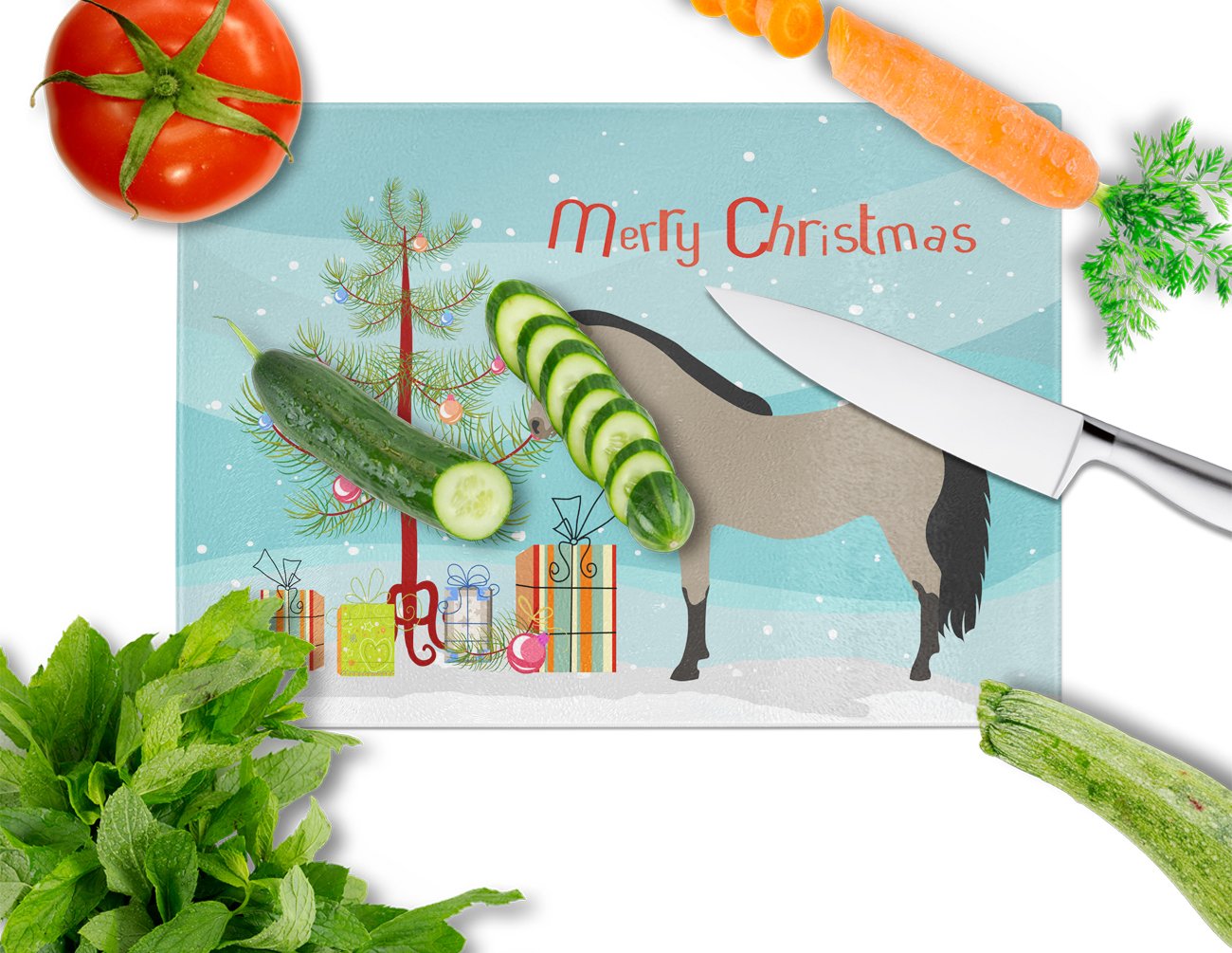 Welsh Pony Horse Christmas Cutting Board Tempered Glass Kitchen Cutting Surface, Heat Resistant Chopping, Non-Slip Feet, Food Prep & Serving