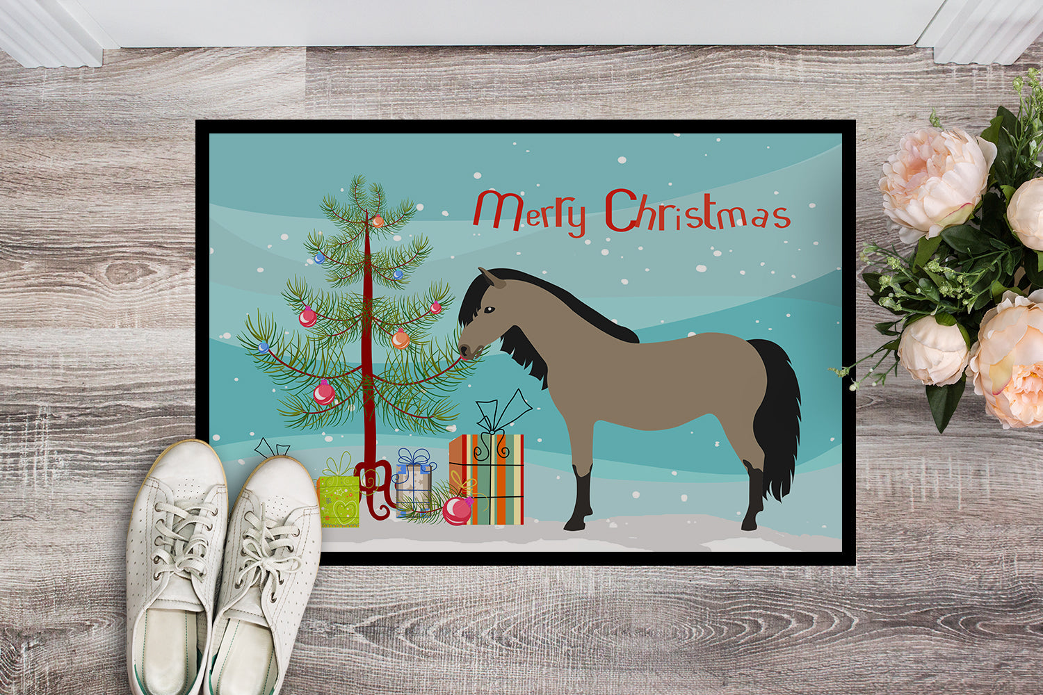 Welsh Pony Horse Christmas Doormat Indoor Outdoor 18H X 27W Front Door Mat Rugs for Entryway, Non Slip Washable