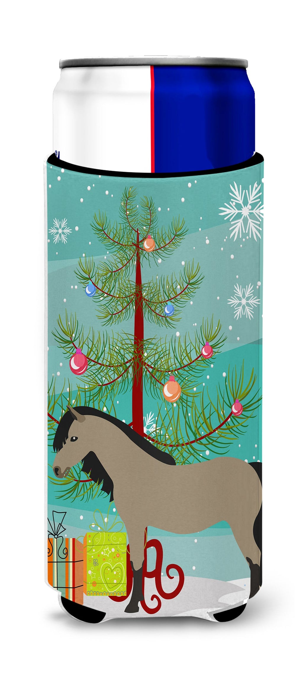 Welsh Pony Horse Christmas Slim Can Hugger , Insulated Foam Hugger for 12 oz Slim Cans, Beer Bottles & Water Bottles, Printed in USA