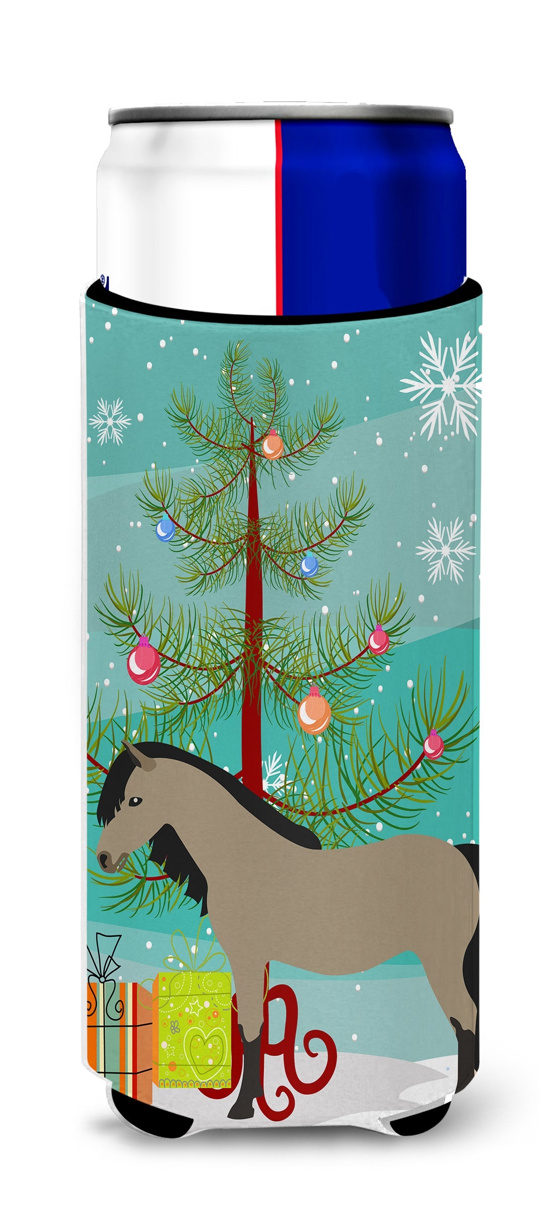 Welsh Pony Horse Christmas Slim Can Hugger , Insulated Foam Hugger for 12 oz Slim Cans, Beer Bottles & Water Bottles, Printed in USA