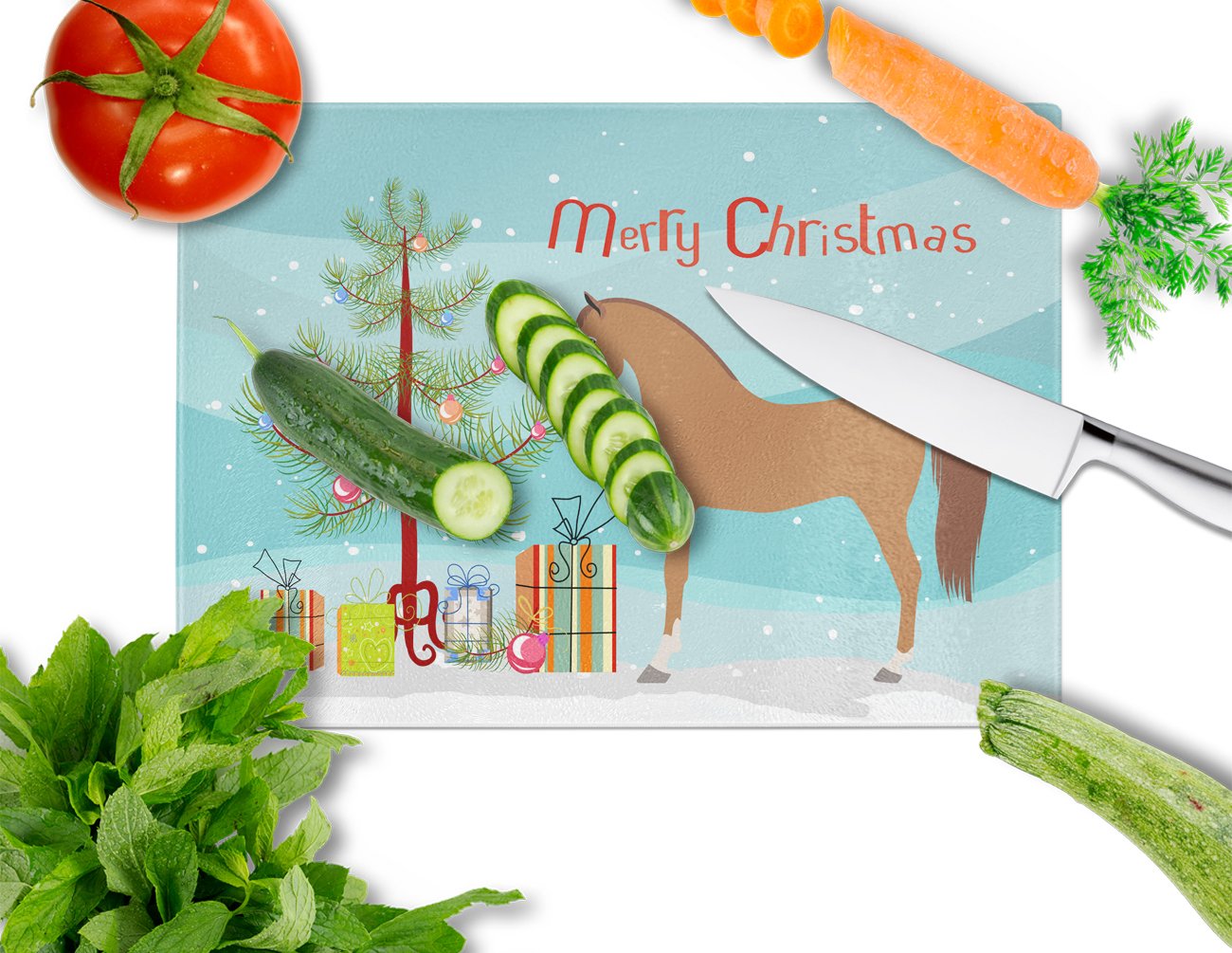 Arabian Horse Christmas Cutting Board Tempered Glass Kitchen Cutting Surface, Heat Resistant Chopping, Non-Slip Feet, Food Prep & Serving