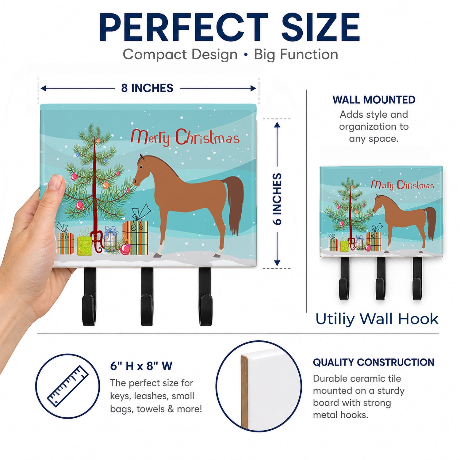 Arabian Horse Christmas Leash or Key Holder Wall Hooks, Coat Rack Wall Mount, for Hanging Keys, Towels, Aprons, Leashes