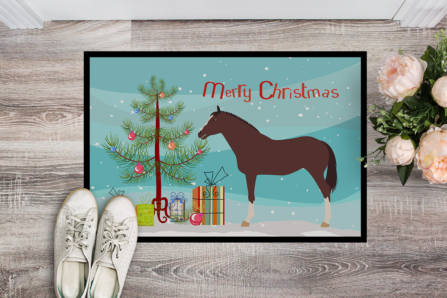 English Thoroughbred Horse Christmas Doormat Indoor Outdoor 24H X 36W Front Door Mat Rugs for Entryway, Non Slip Washable Low Pile,