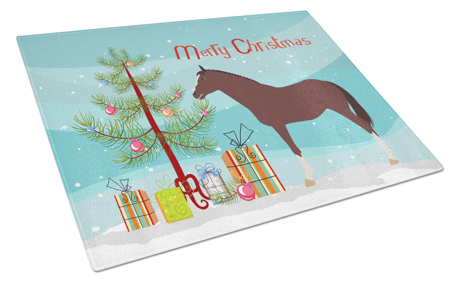 English Thoroughbred Horse Christmas Cutting Board Tempered Glass Kitchen Cutting Surface, Heat Resistant Chopping, Non-Slip Feet, Food Prep & Serving