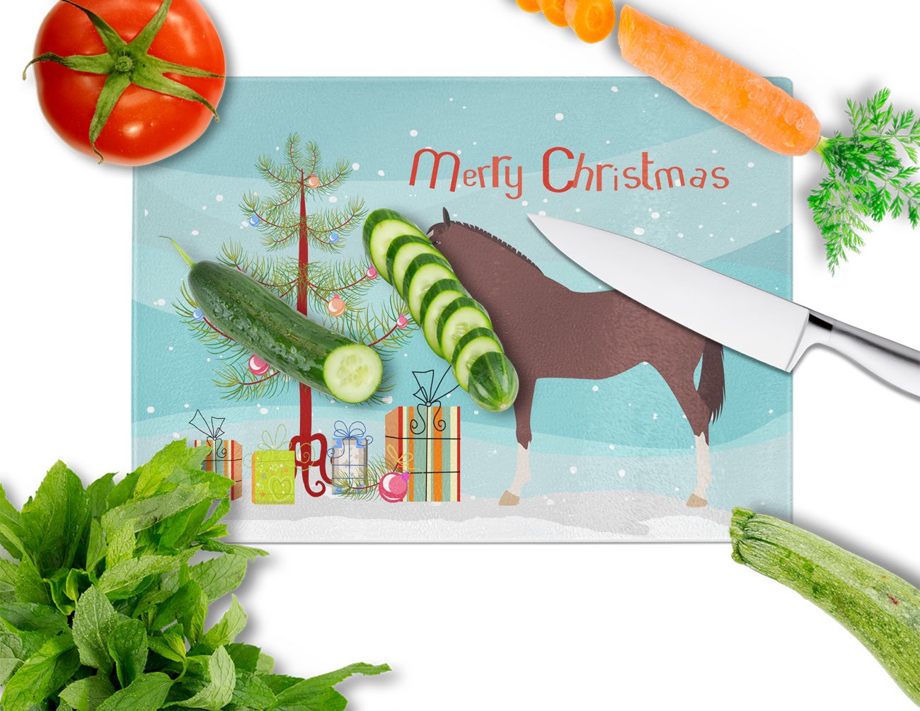 English Thoroughbred Horse Christmas Cutting Board Tempered Glass Kitchen Cutting Surface, Heat Resistant Chopping, Non-Slip Feet, Food Prep & Serving