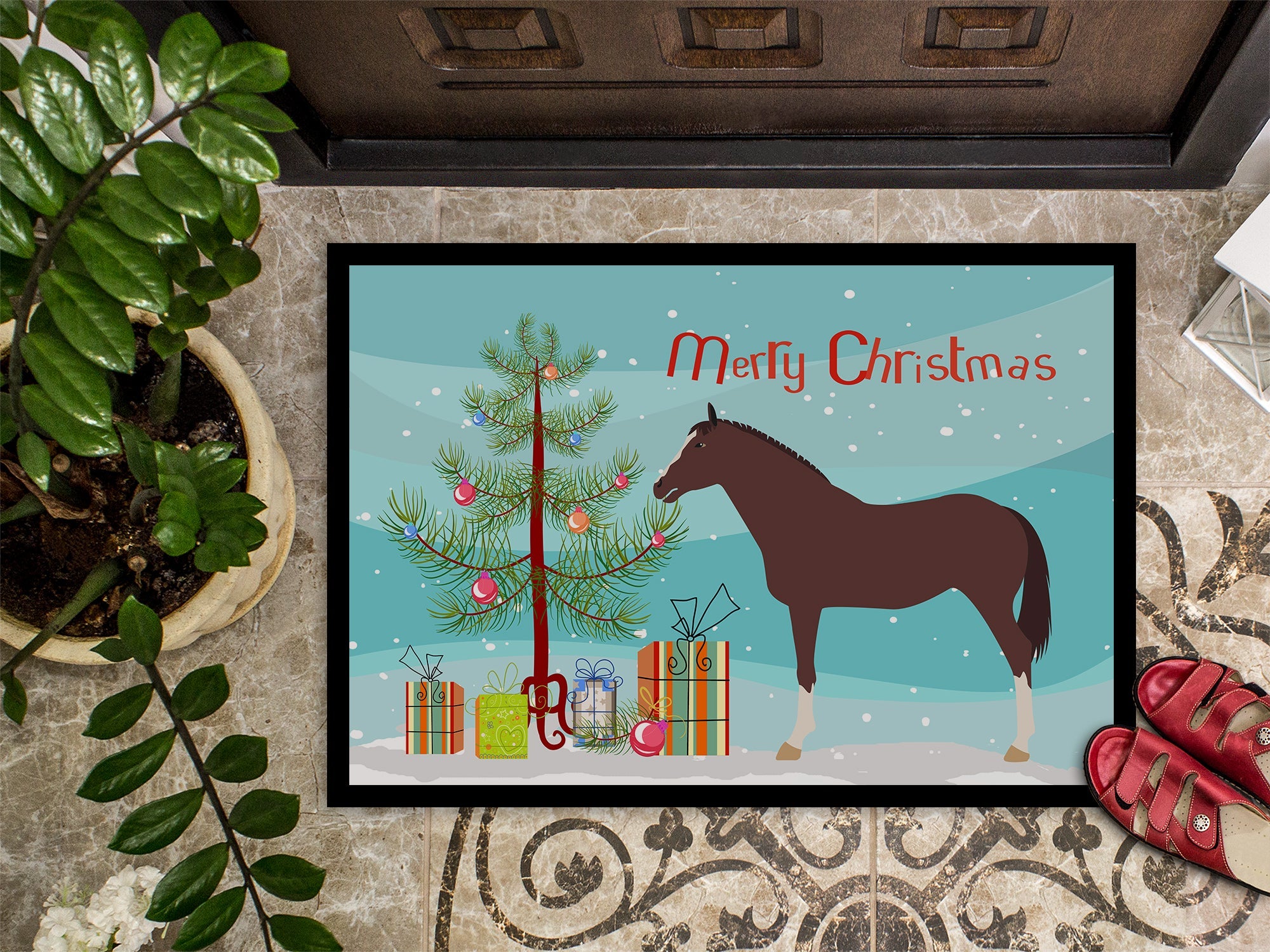 English Thoroughbred Horse Christmas Doormat Indoor Outdoor 18H X 27W Front Door Mat Rugs for Entryway, Non Slip Washable