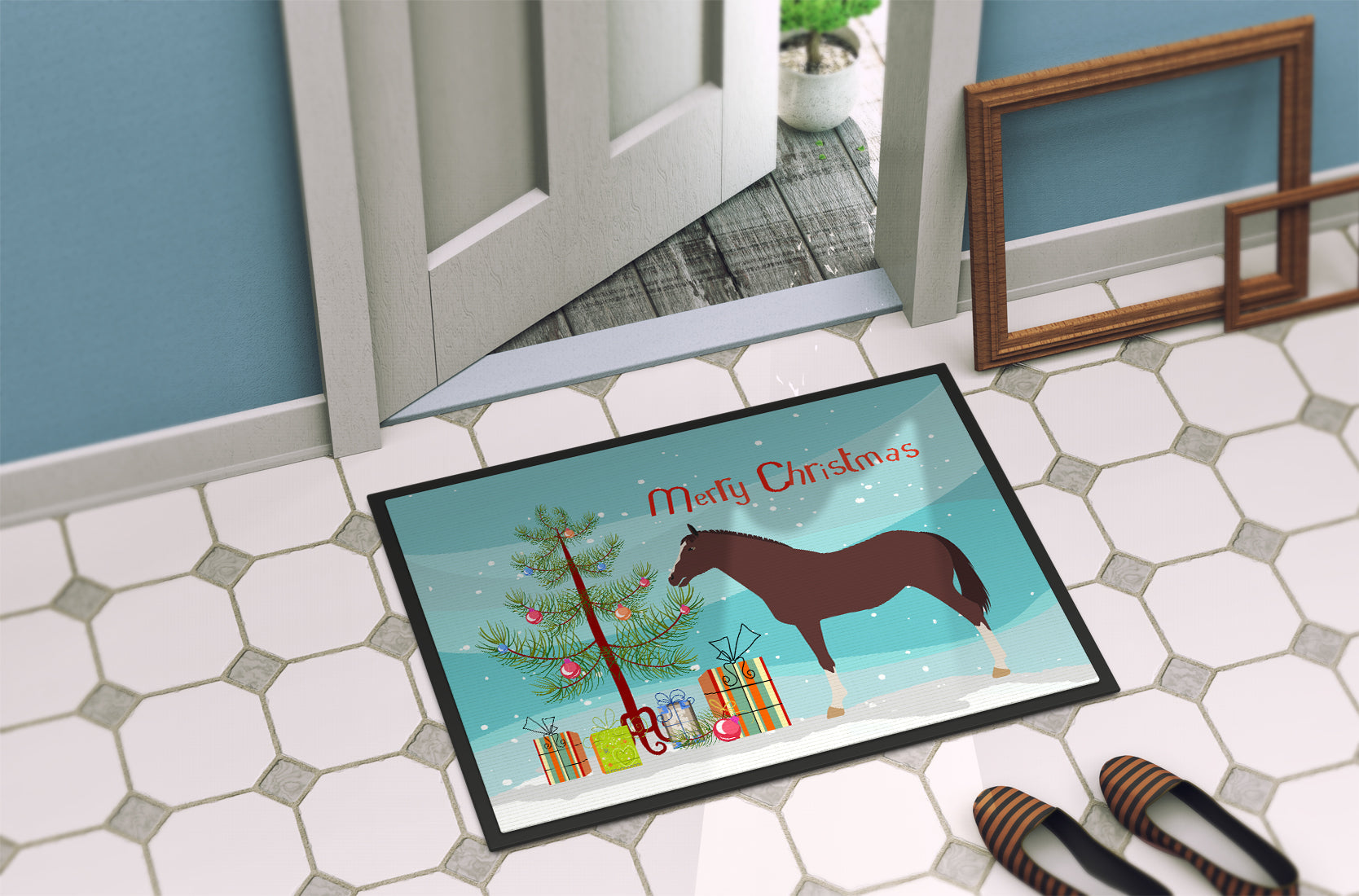 English Thoroughbred Horse Christmas Doormat Indoor Outdoor 18H X 27W Front Door Mat Rugs for Entryway, Non Slip Washable