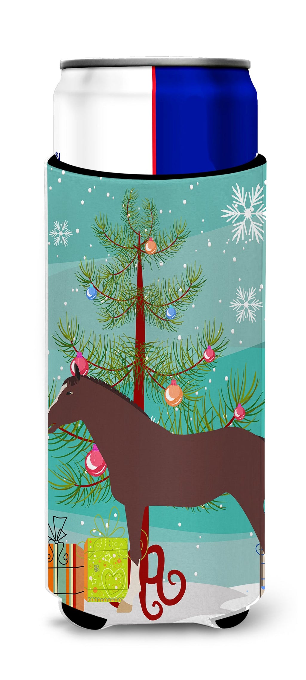 English Thoroughbred Horse Christmas Slim Can Hugger , Insulated Foam Hugger for 12 oz Slim Cans, Beer Bottles & Water Bottles, Printed in USA