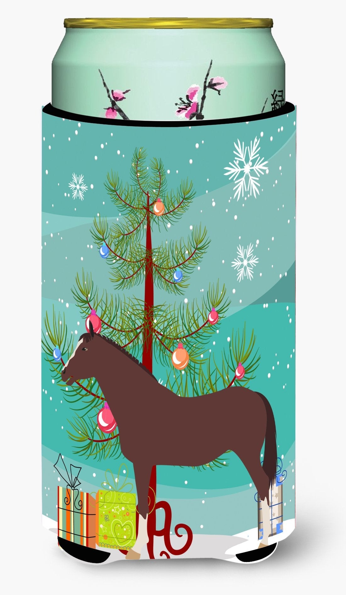 English Thoroughbred Horse Christmas Tall Boy Hugger Can Cooler Sleeve Machine Washable Drink Collapsible Insulator Beverage Insulated Holder