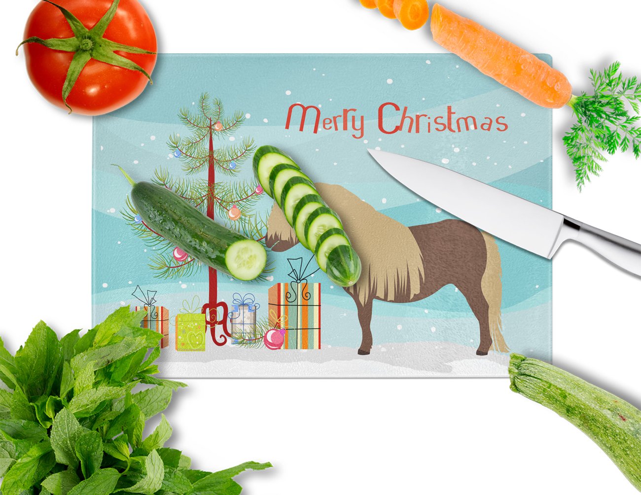 Shetland Pony Horse Christmas Cutting Board Tempered Glass Kitchen Cutting Surface, Heat Resistant Chopping, Non-Slip Feet, Food Prep & Serving