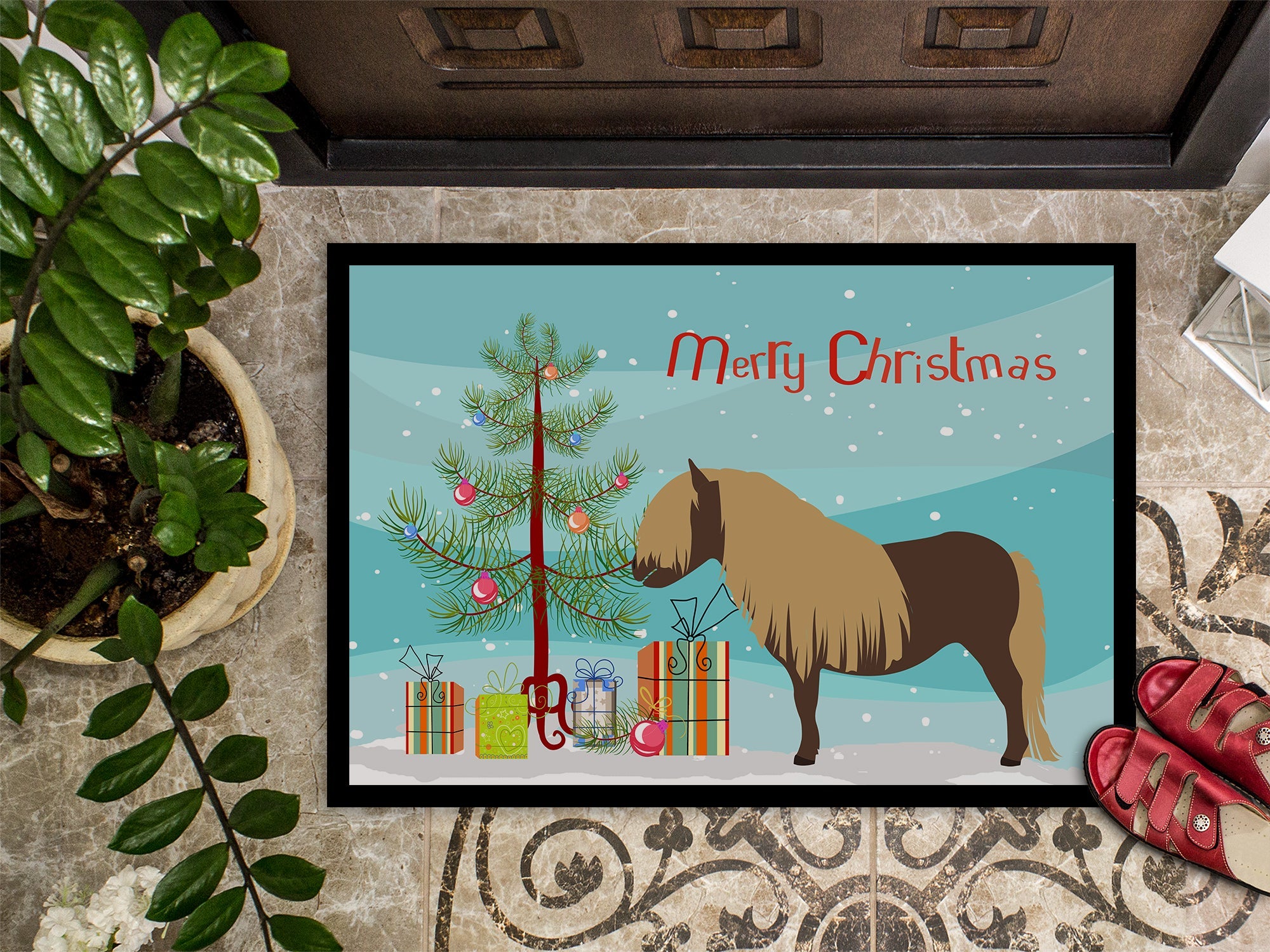 Shetland Pony Horse Christmas Doormat Indoor Outdoor 18H X 27W Front Door Mat Rugs for Entryway, Non Slip Washable