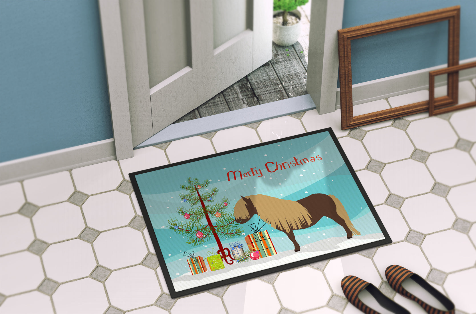 Shetland Pony Horse Christmas Doormat Indoor Outdoor 18H X 27W Front Door Mat Rugs for Entryway, Non Slip Washable
