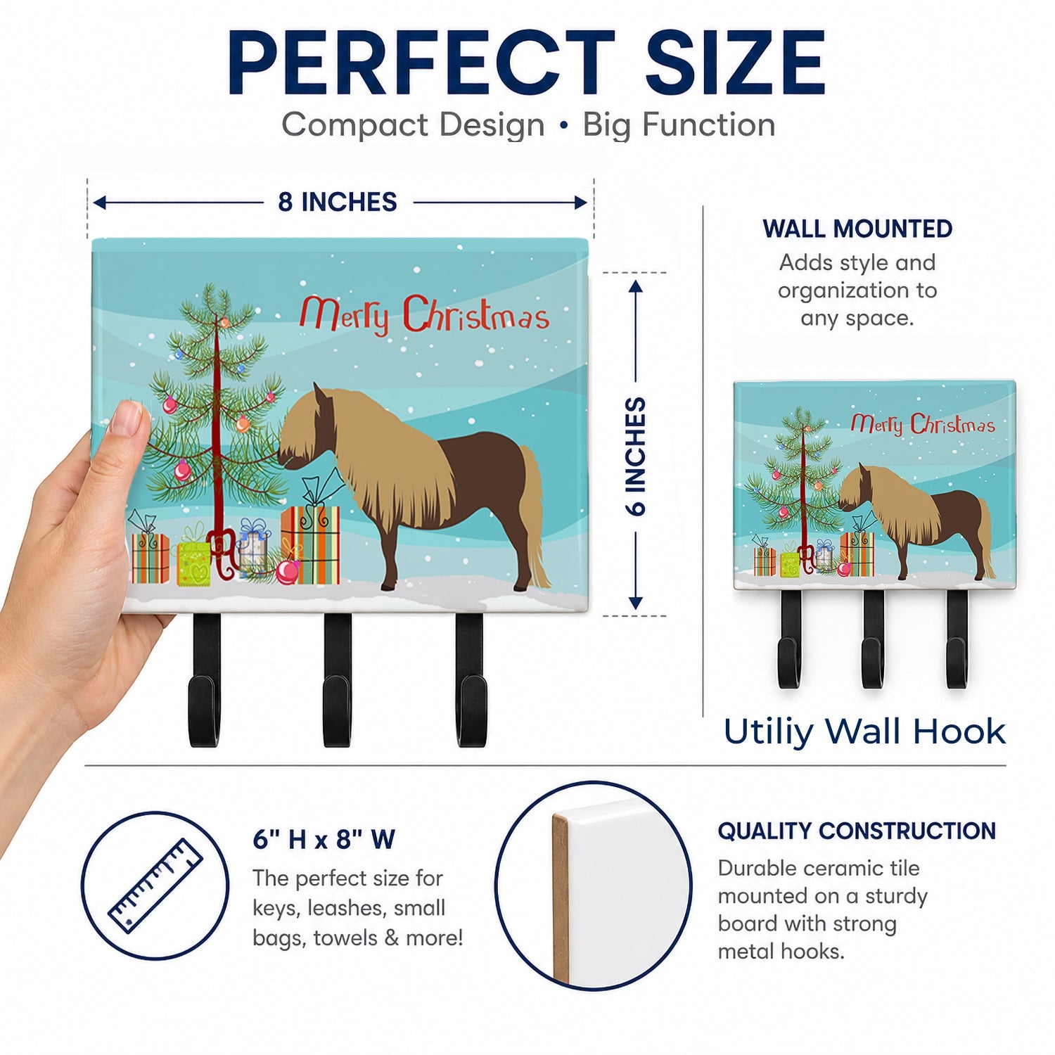 Shetland Pony Horse Christmas Leash or Key Holder Wall Hooks, Coat Rack Wall Mount, for Hanging Keys, Towels, Aprons, Leashes