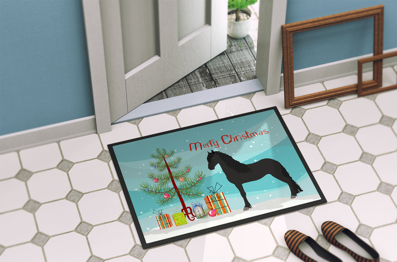 Friesian Horse Christmas Doormat Indoor Outdoor 24H X 36W Front Door Mat Rugs for Entryway, Non Slip Washable Low Pile,