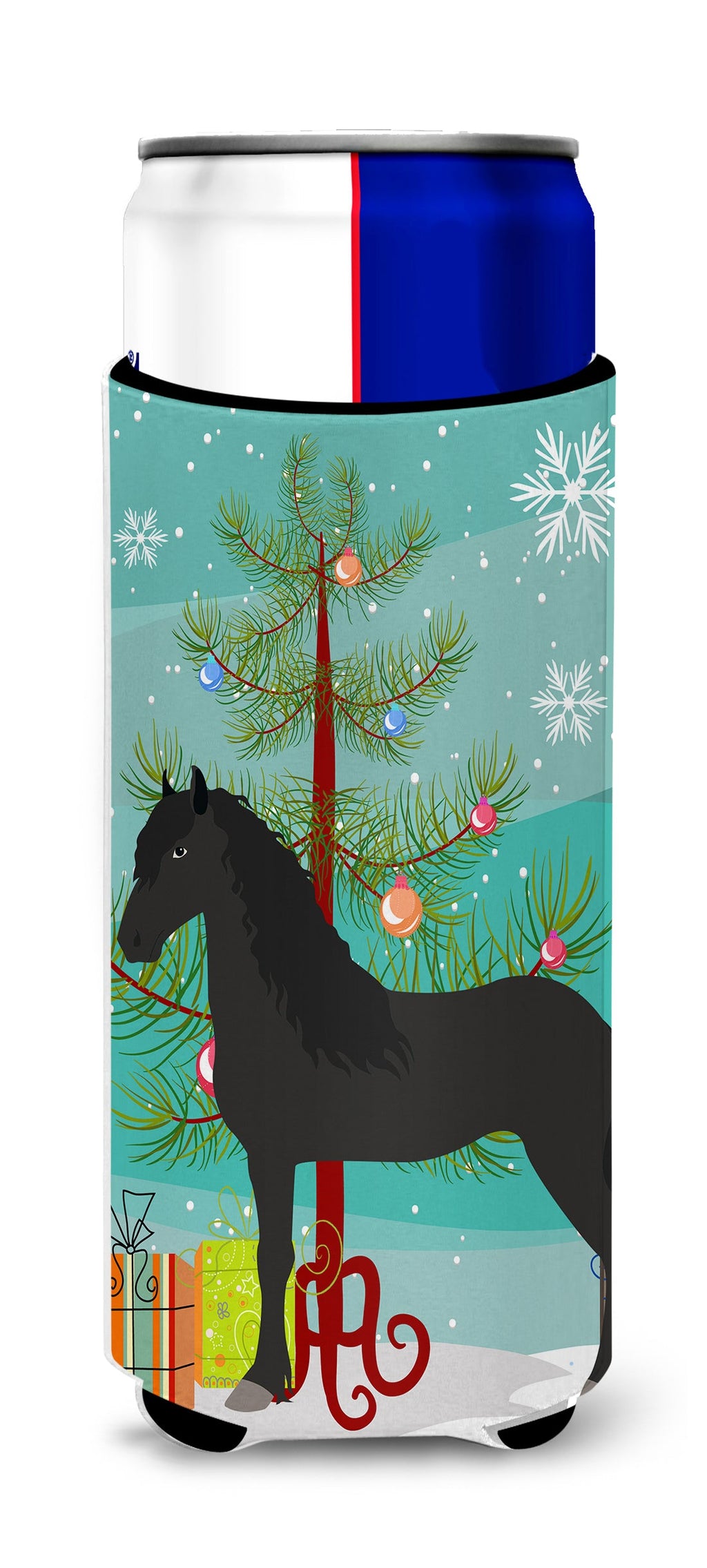 Friesian Horse Christmas Slim Can Hugger , Insulated Foam Hugger for 12 oz Slim Cans, Beer Bottles & Water Bottles, Printed in USA