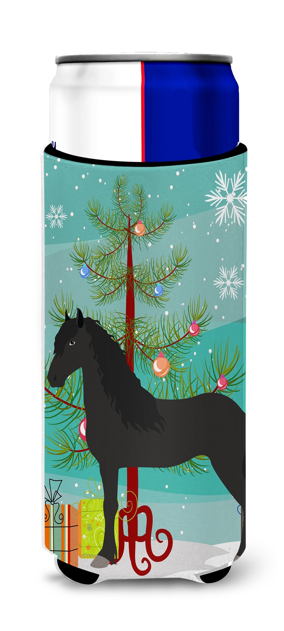 Friesian Horse Christmas Slim Can Hugger , Insulated Foam Hugger for 12 oz Slim Cans, Beer Bottles & Water Bottles, Printed in USA