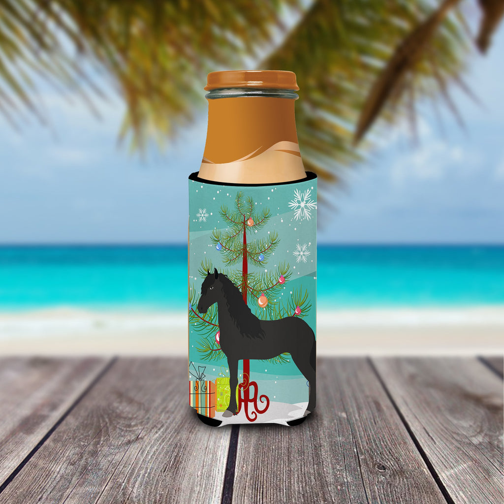 Friesian Horse Christmas Slim Can Hugger , Insulated Foam Hugger for 12 oz Slim Cans, Beer Bottles & Water Bottles, Printed in USA