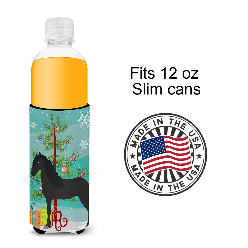 Friesian Horse Christmas Slim Can Hugger , Insulated Foam Hugger for 12 oz Slim Cans, Beer Bottles & Water Bottles, Printed in USA