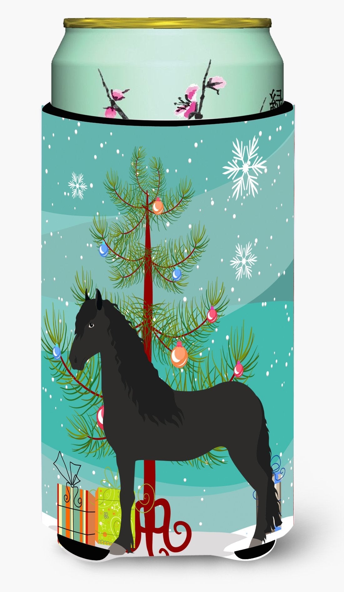 Friesian Horse Christmas Tall Boy Hugger Can Cooler Sleeve Machine Washable Drink Collapsible Insulator Beverage Insulated Holder